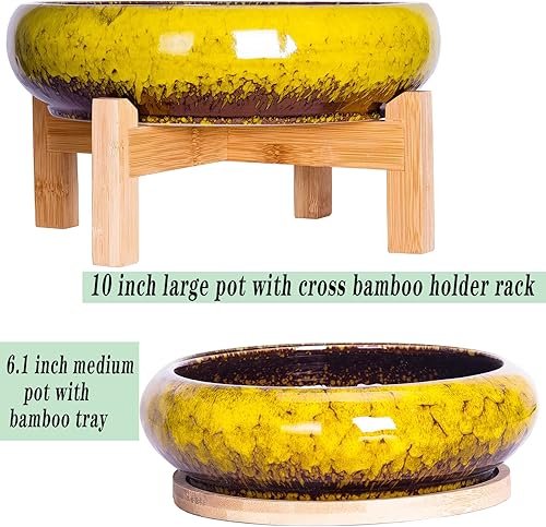 Miniatura 9 de ARTKETTY Macetas para suculentas con drenaje, maceta grande para suculentas con soporte y platillo, macetas de bonsái poco profundas, maceta de
