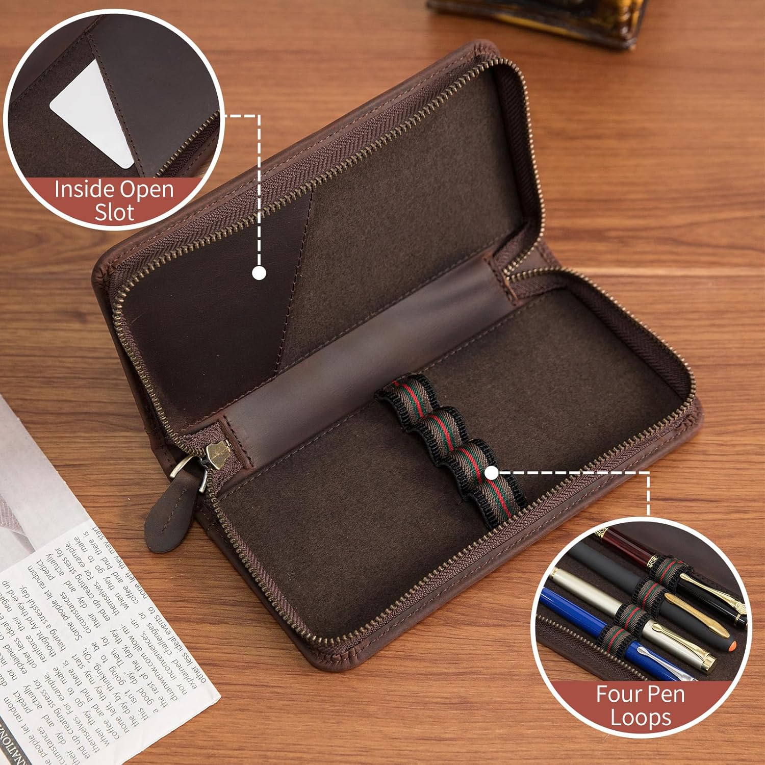 Personalized Genuine Leather Fountain Pen Case - Custom Engraved Zippered Ballpoint Pen Pouch Bag with 4 Loops Holder, Inside Open Slot, Handmade Soft Cowhide Gift for Men and Women, Dark Brown