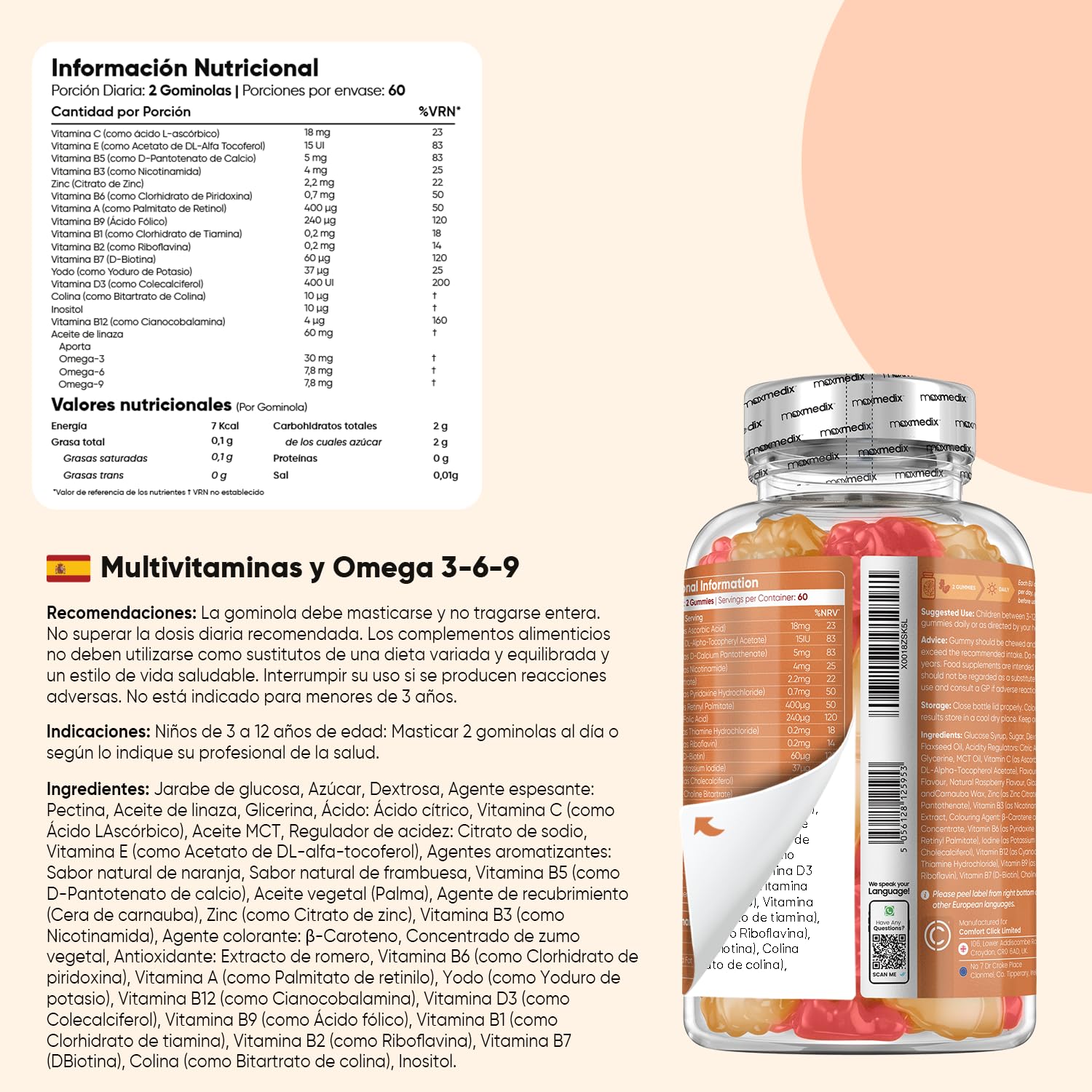 Con Omega 3-6-9, Hierro con Vitamina C y Calcio con Vitamina D3 - Pack de Gominolas Masticables - Sin Gluten ni OGM