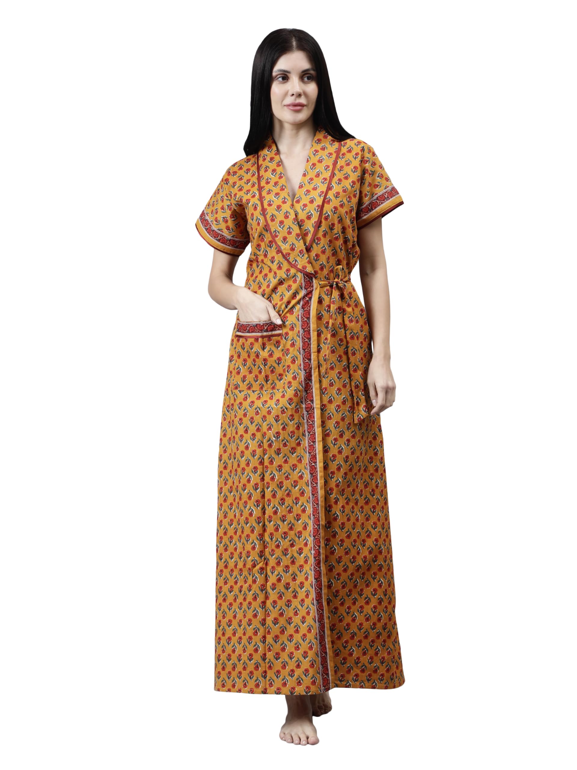 Beallamy Women's Pure Cotton Printed House Coat,Front Open Adjustable Nighty/Night wear A060-image-36