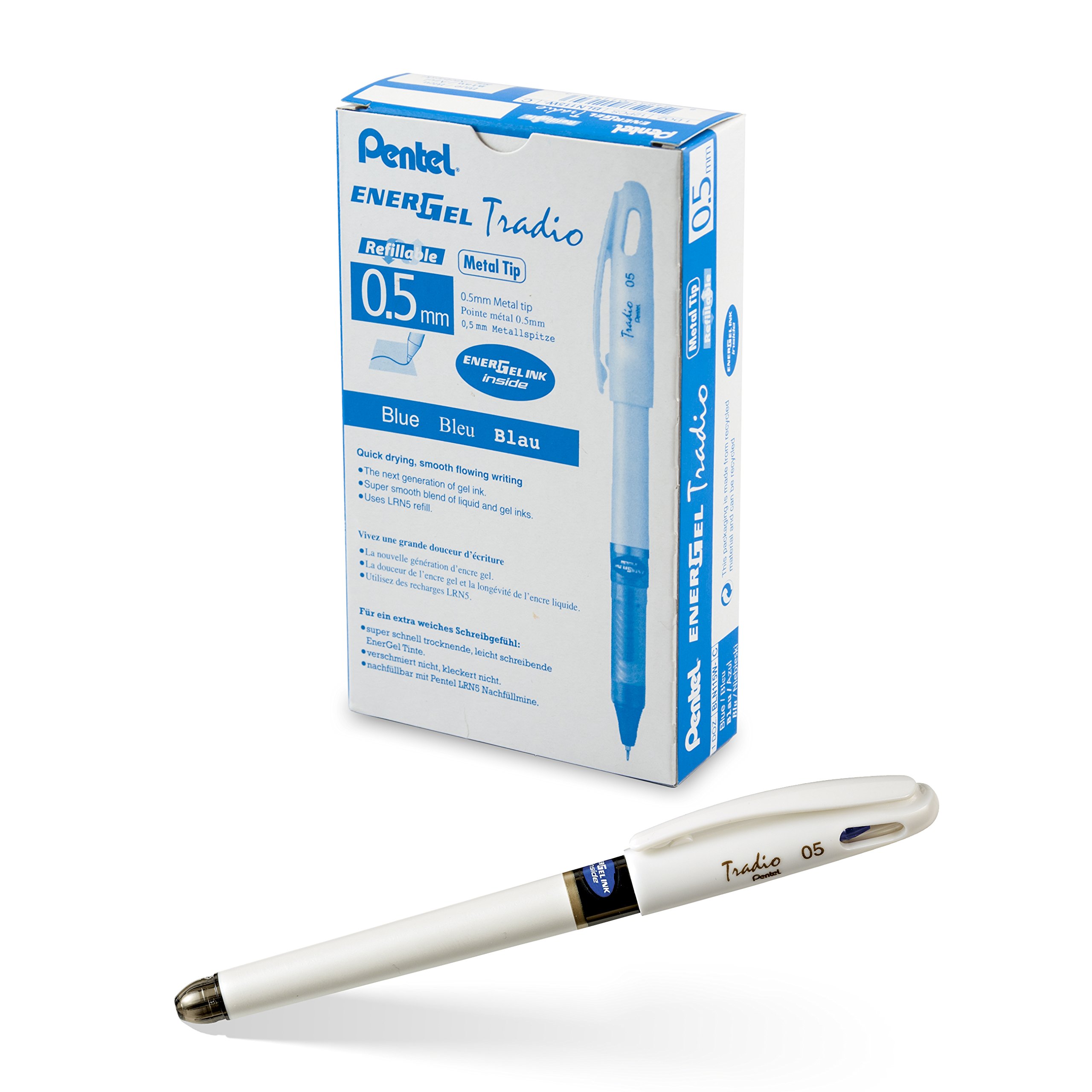 Pentel EnerGel Tradio Pearl Gel Ink Pen, (0.5mm), Fine Point Capped, Needle Tip, Blue Ink, Box of 12 (BLN115W-C)