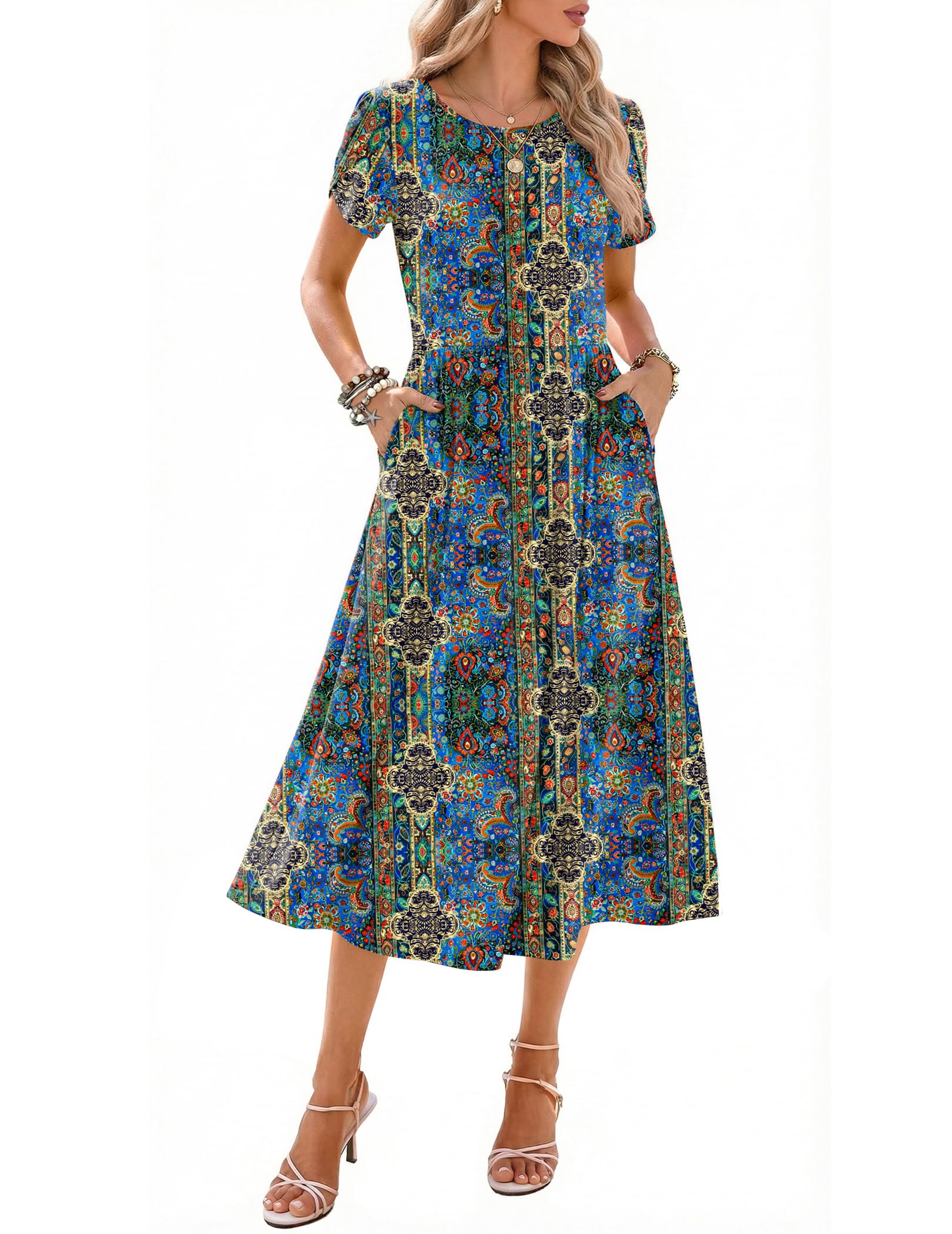 Zeagoo Womens Summer Dresses Casual Aline Midi Dress Short Sleeve Floral Tshirt Dress Flowy Beach Sundresses with Pockets