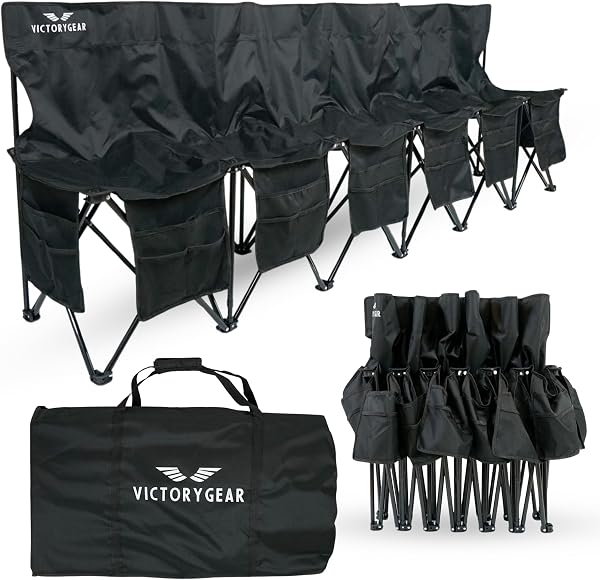 VictoryGear Portable Soccer Bench – 6 Seat Folding Team Chair with 8 Pockets & Carrying Bag – Lightweight Sideline S