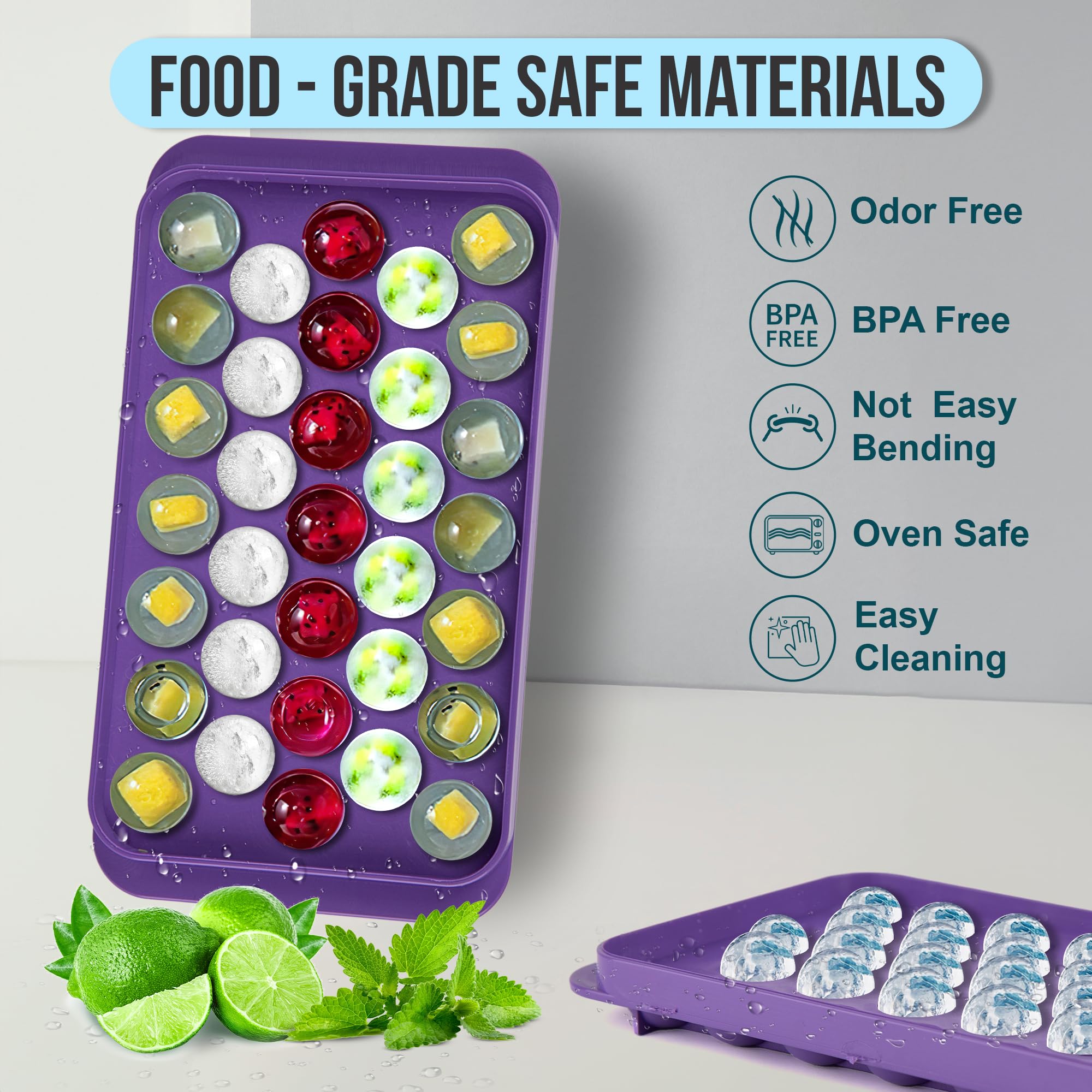 Milano Home Ice Cube Trays for Freezer - 33 PCS Round Ice Cube Mold with Lid, Pink