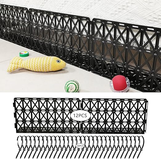 12 PCS Under Couch Blockers for Bed Couch Furniture 14.7" L x 8" H Underneath Stop from Getting Under The Sofa Blocker with 30 Ties (Black Plastic)