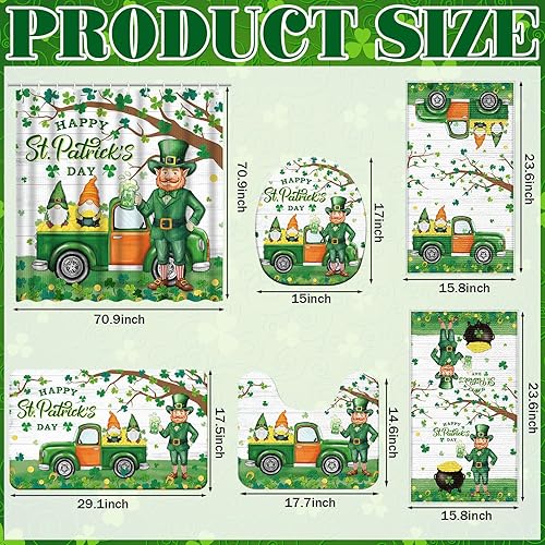 Vista 3 de Nuanchu Juego de 6 Piezas de Cortina de Ducha del Día de San Patricio con Alfombra, Juegos de Baño de Trébol Verde con Cortina de Ducha, Tapete