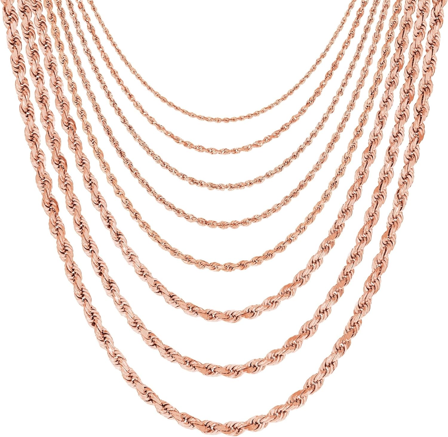 Nuragold 10K Real Rose Gold Rope Diamond Cut Chain Necklace 16"-30" (1.5mm-6mm) Italian Jewelry for Men & Women