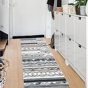 2x6 Washable Runner Rugs for Living Room, Tribal Geometric Distressed Vintage Area Rug for Bedroom Patchwork Office Carpet, Soft Low Pile Neutral Rug Non Slip, Grey