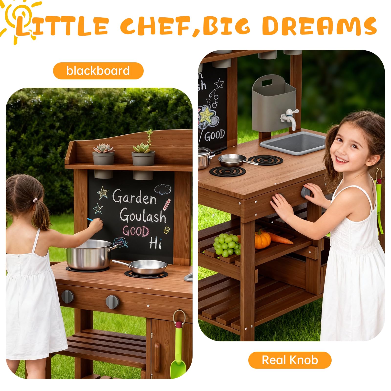 Mud Kitchen for Outdoor, Wooden Outdoor Pretend Kitchen with Sink, Water Slide, Faucet, Stove, Chalkboard and Storage Shelves M3 — view 4