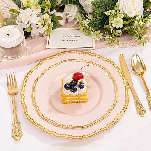 Miniatura 44 de Hioasis 60 platos de plástico dorados, vajilla desechable blanca y dorada con borde dorado, resistente, 10.25 pulgadas, platos llanos para fiestas