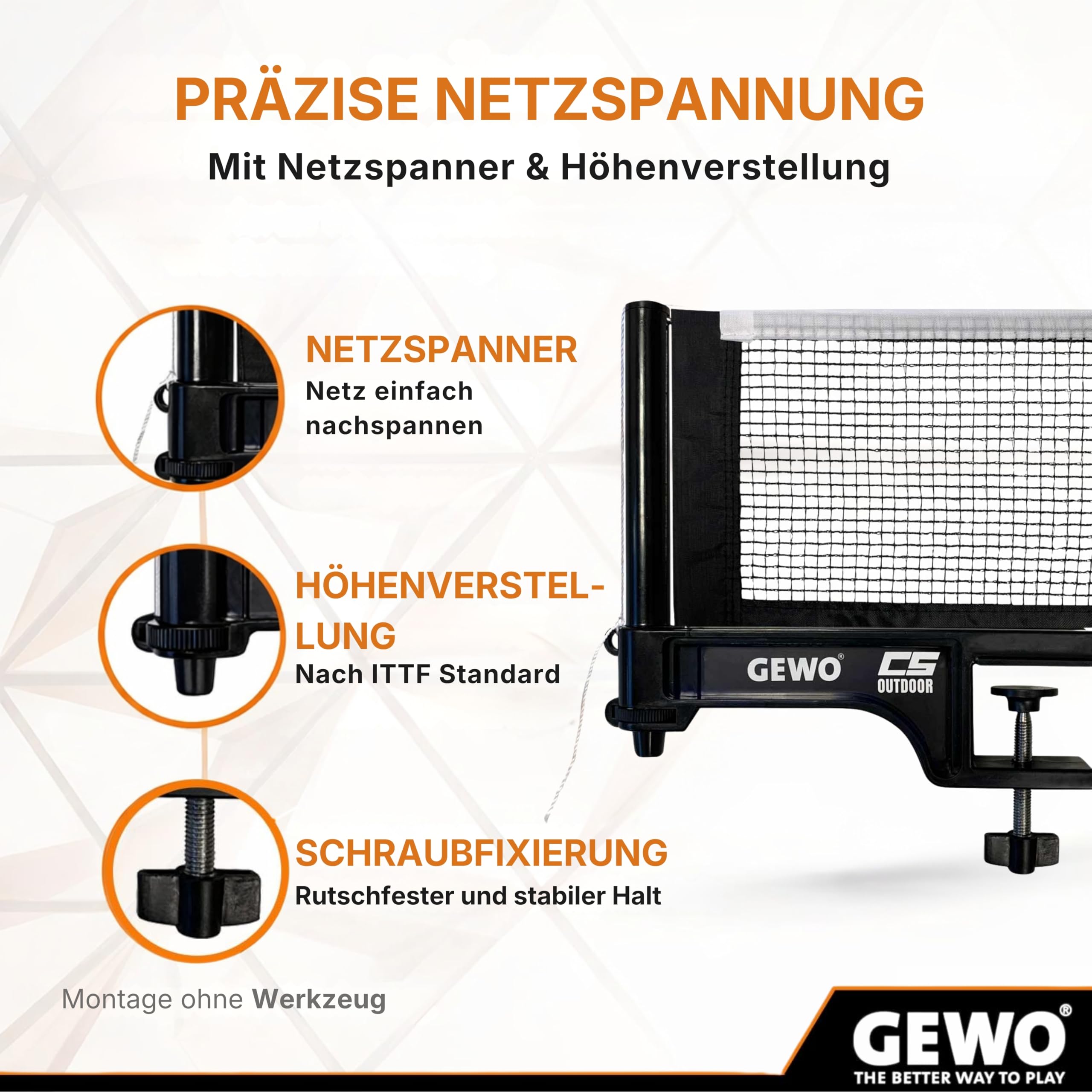 GEWO CS Outdoor - Rete da ping pong per esterni, resistente alle intemperie, robusta struttura a rete e comoda vite in altezza, facile da montare, robusto filo nero