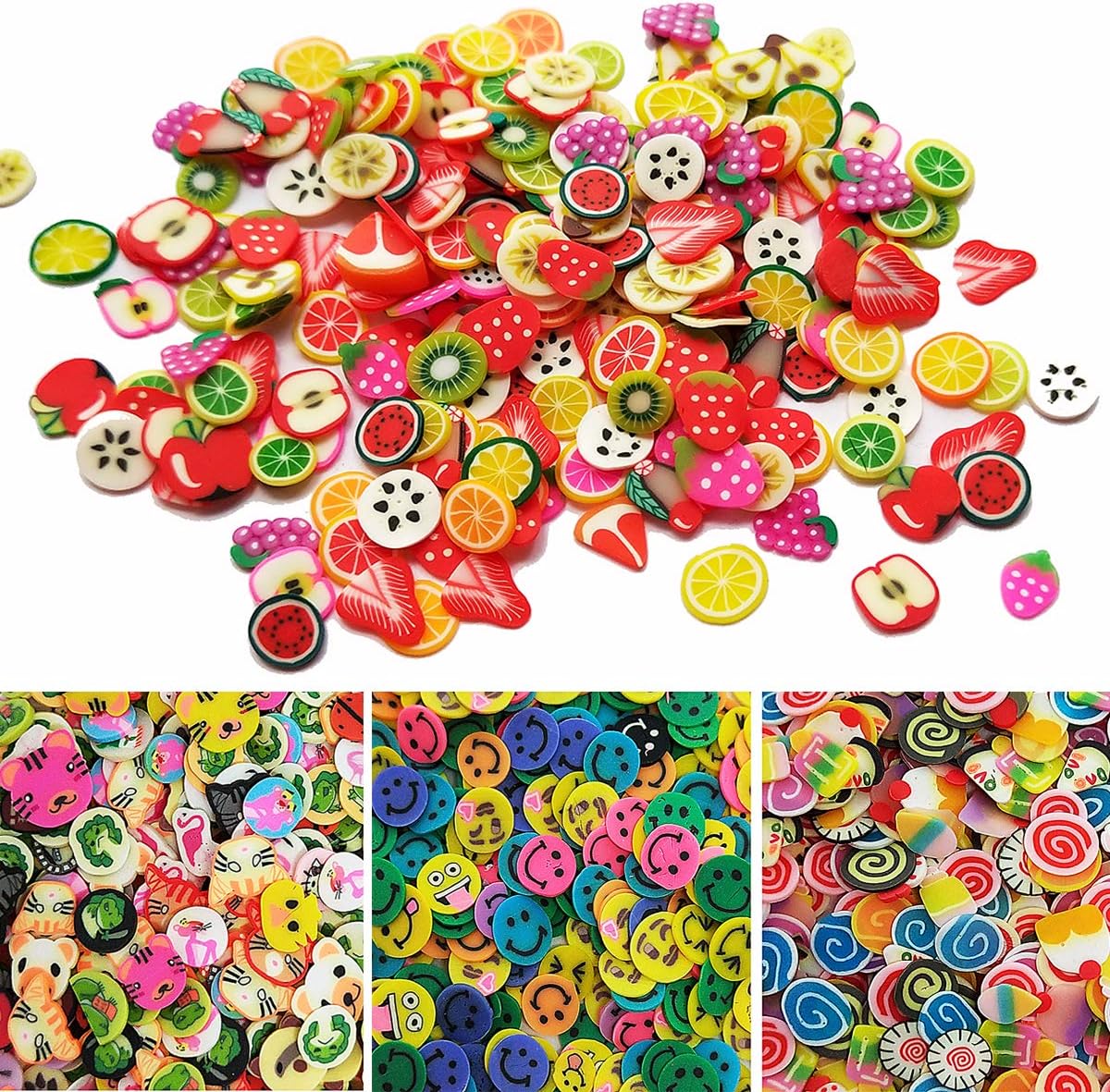 Czorange 5000 Pcs Nail Art Slice Decorations 3D Assorted Fruit Animal Slice Fruit Charms for Slime (Fruit, Cake, Animal, Smile)