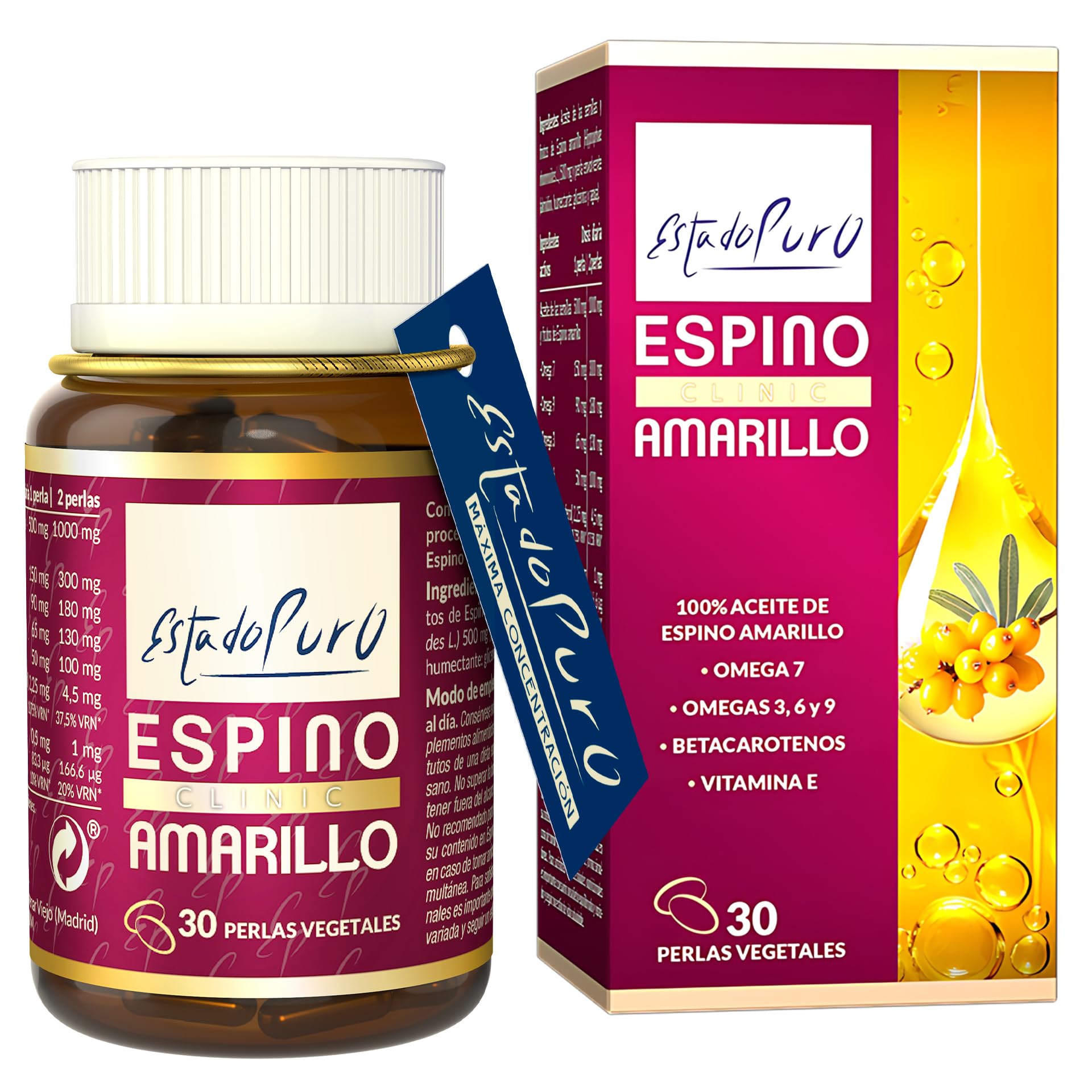 Omega 7 Espino Amarillo | Extracto Patentado Omega 3 6 7 9, Vitamina E, Betacarotenos | Salud de Piel, Mucosas y Sistema Cardiovascular | 30 Cápsulas Veganas | Estado Puro TONGIL