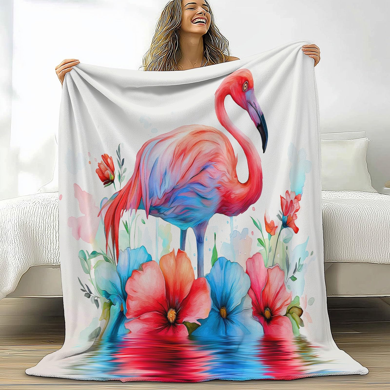Manta para Sofá, Invierno Verano Manta Polar Flamenco De Acuarela Cálida Mullida Super Caliente Ligera Mantas Cama para Adulto y Niño Sala de Estar, Blanco, 200x200 cm