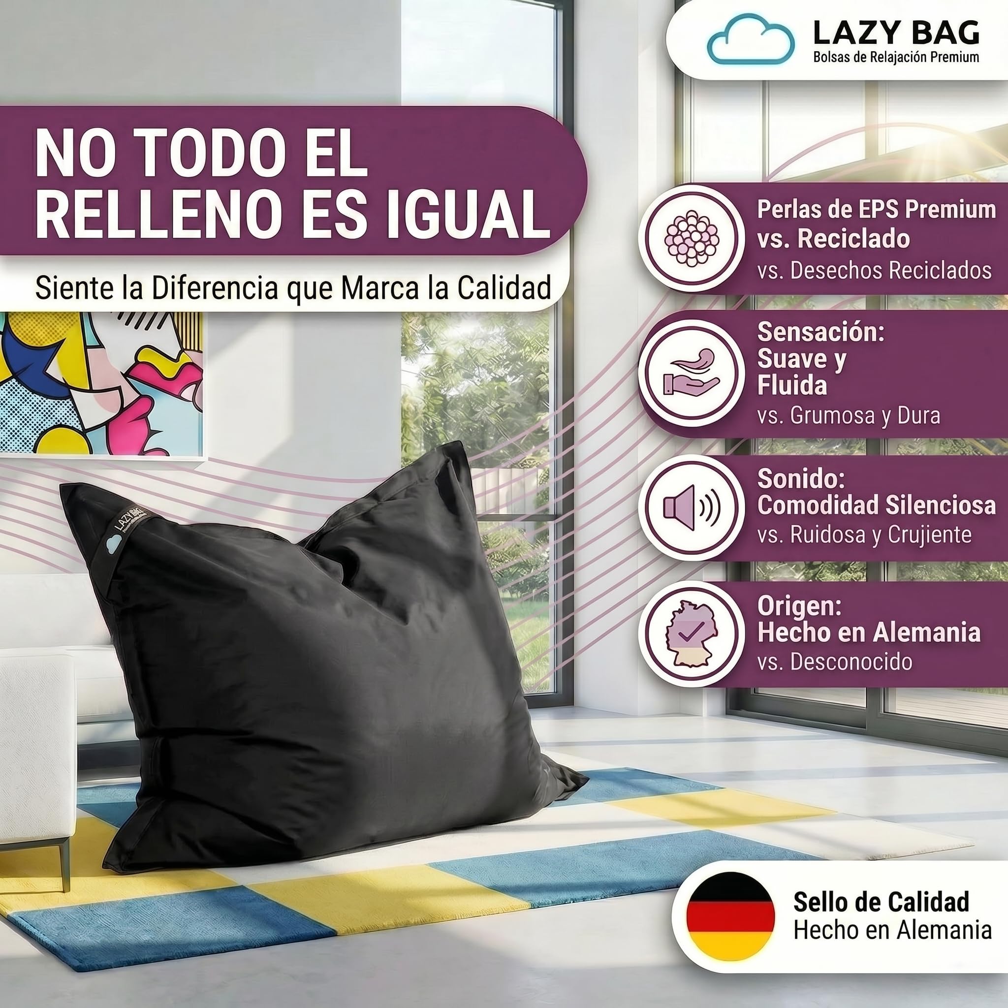 Lazy Bag® Puf Gigante XL 160x120 cm - Beanbag Interior y Exterior | 250 L, relleno EPS fabricado en Alemania - funda de nylon lavable, doble costura, resistente al agua