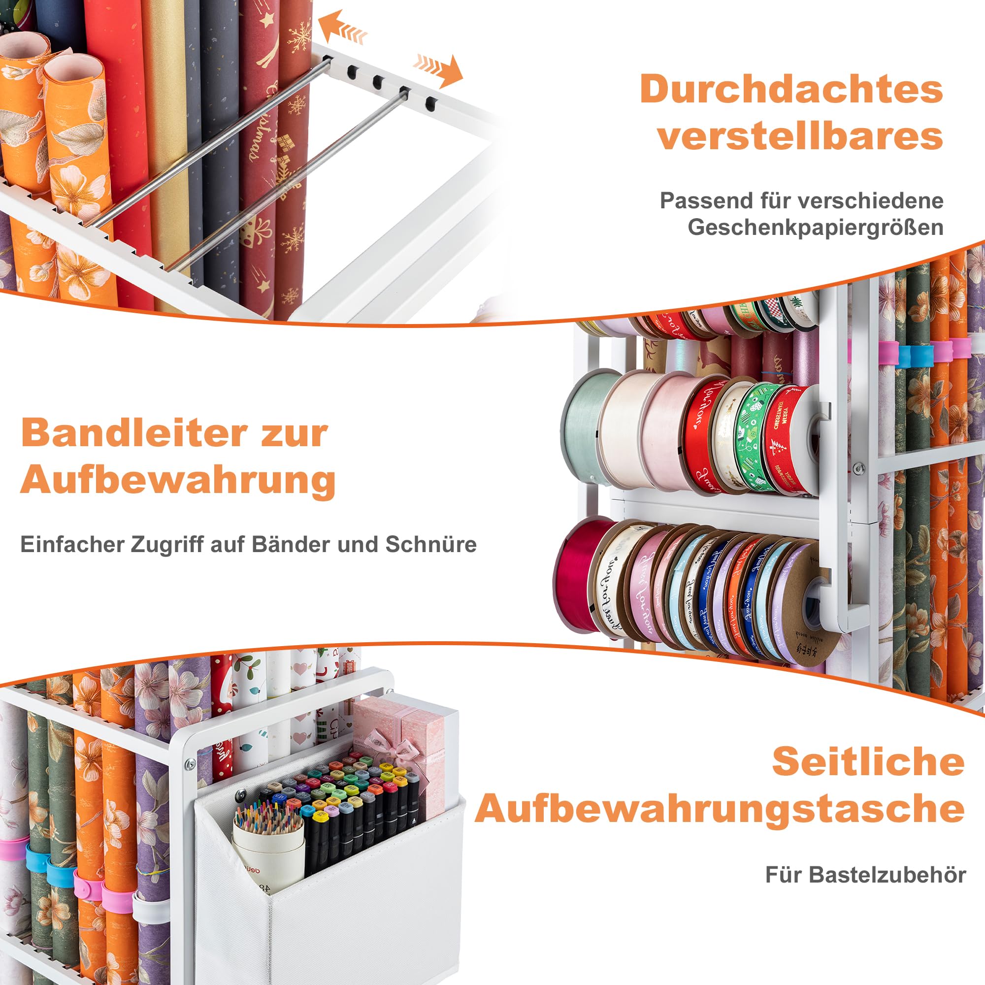 Aquzee Geschenkpapier Aufbewahrung, Geschenkpapier Organizer Rollwagen, Vertikaler Aufbewahrungswagen mit Rollen für Geschenkpapier, 3 Geschenkband Halter, 12 Schnapparmband