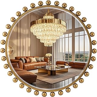 30 Inch Round Wall Mirror with Antique Gold Ball Frame, Beveled Decorati...