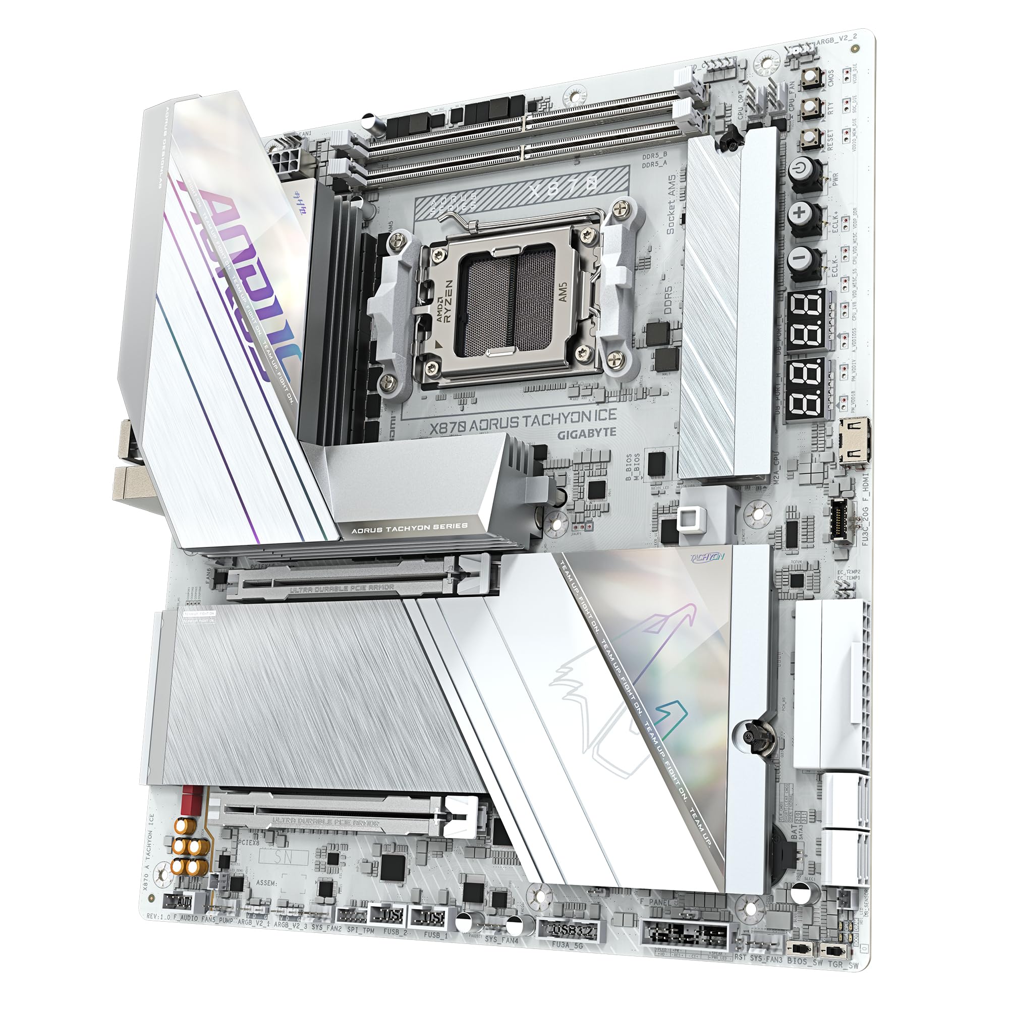 GIGABYTE Płyta główna X870 AORUS TACHYON ICE - obsługuje procesory AMD Ryzen 9000, 18+2+2-fazowy cyfrowy VRM, do 9600 Hz DDR5 (OC), 1 x PCIe 5.0 + 2 x PCIe 4.0, Wi-Fi 7, 5 GbE LAN, USB 4