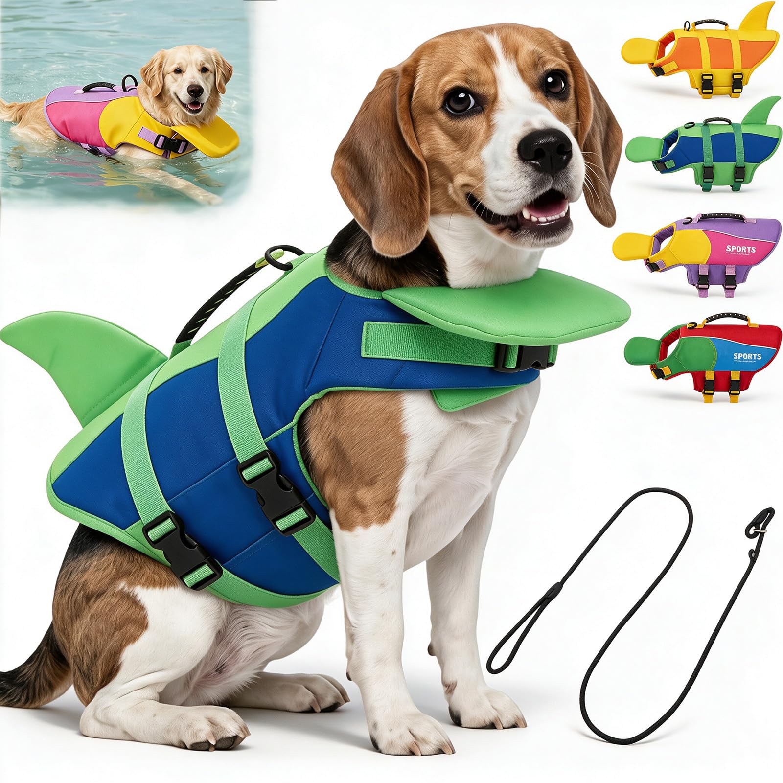 Dog Life Jacket with Chin Float, Adjustable Dog Life Vest with Chin Support, Rescue Handle, Leash D-Ring and Quick-Release Buckles for Swimming, Boating and Pool (S,Blue-Green with Tail)
