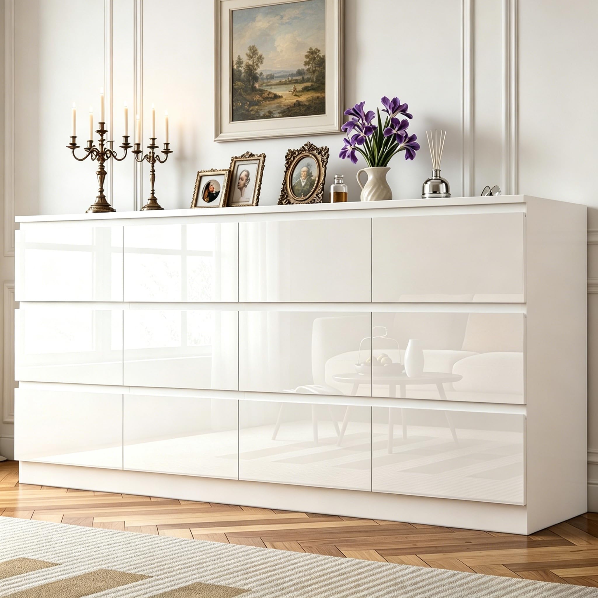 DalyLuxa 71.65 Inch Wide White 12 Drawer Dresser with Glossy Handle-Less Design and Charging Station