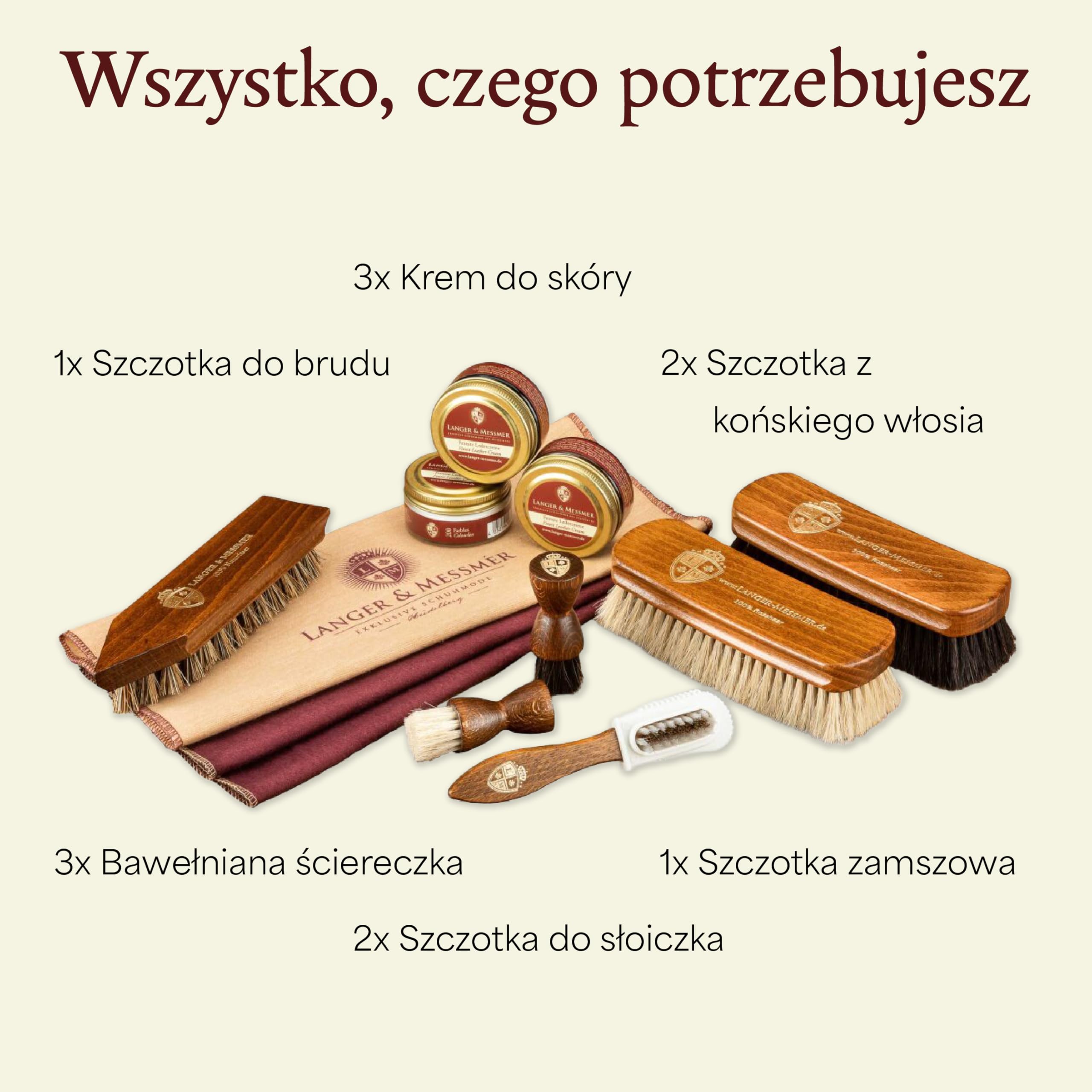 Langer & Messmer 12-częściowy zestaw do pielęgnacji butów, w tym kremy do pielęgnacji skóry i wysokiej jakości szczotki z różowego włosia do efektywnej pielęgnacji butów z gładkiej skóry – zestaw do