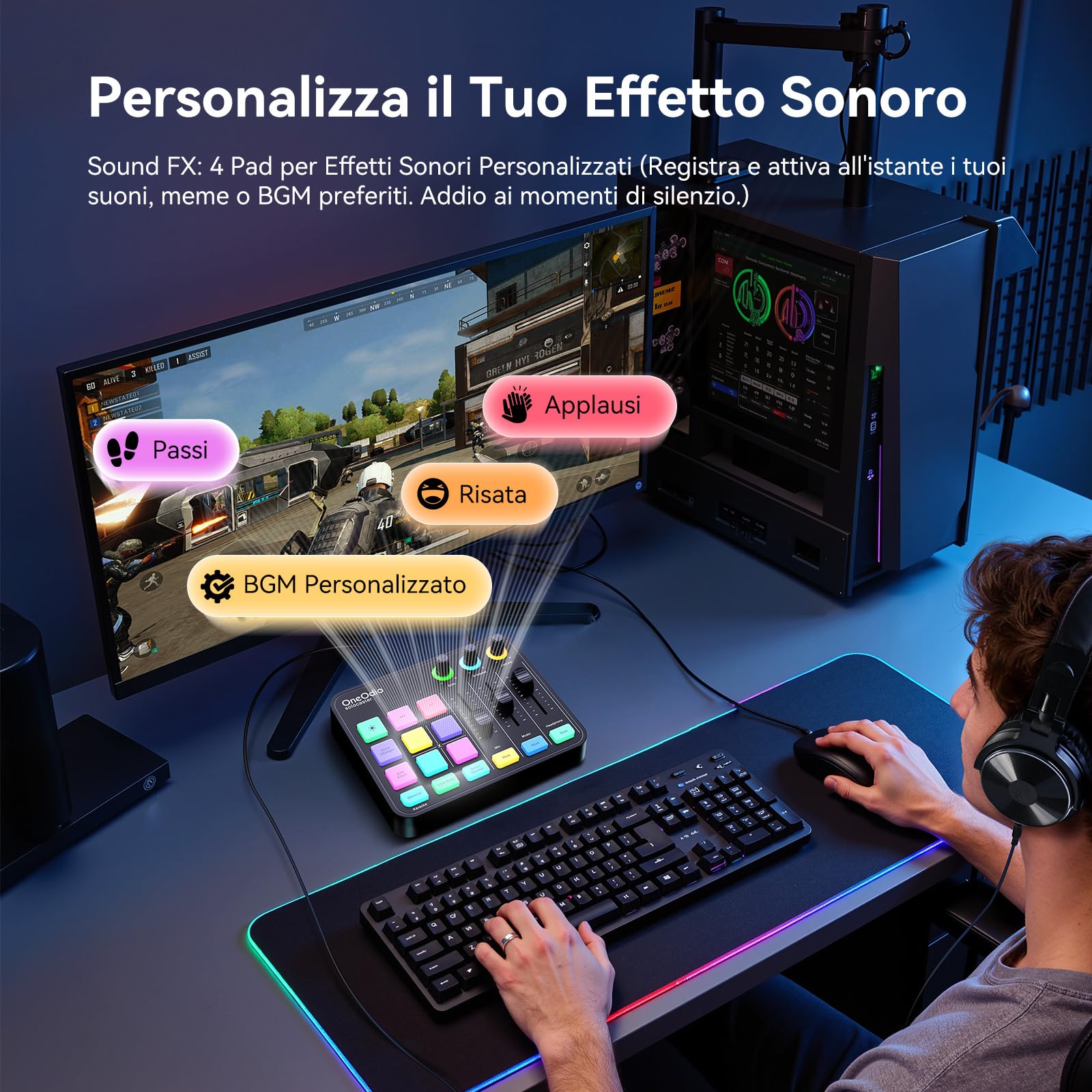OneOdio Solocaster Gaming Audio Mixer - Interfaccia a 5 Canali con Alimentazione Phantom 48V, Bluetooth, Illuminazione RGB, 3.5mm/XLR/USB C, per Streaming/Podcast/Karaoke su PC, Mac, Mobile