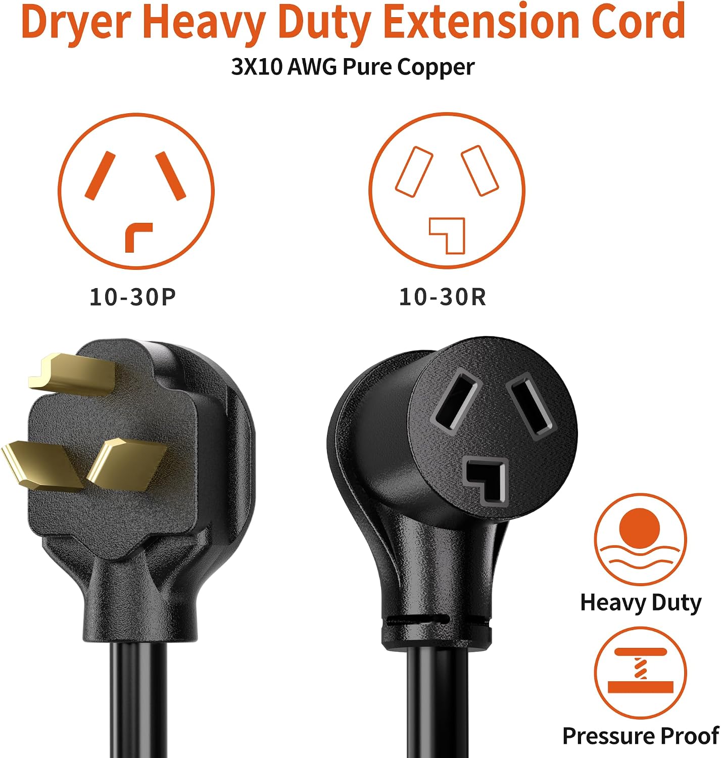 PlugSaf 10 FT 3 Prong Dryer Extension Cord, Pure Copper, 10-30P to 10-30R image 2