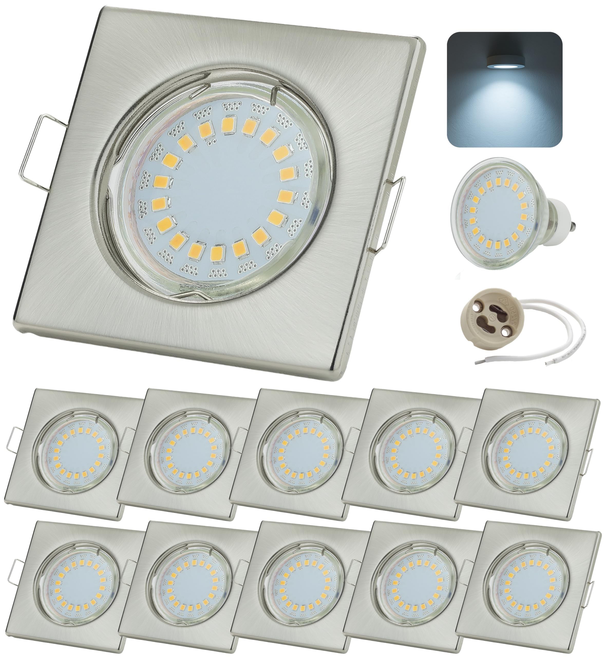 Sweet Led 10er SET Einbaustrahler GU10 Fassung 5W 450 Lumen IP20 LED Einbauleuchten Deckenstrahler Möbelleuchten downlight Spot eckig kaltweiß chrom gebürstet Sparpack