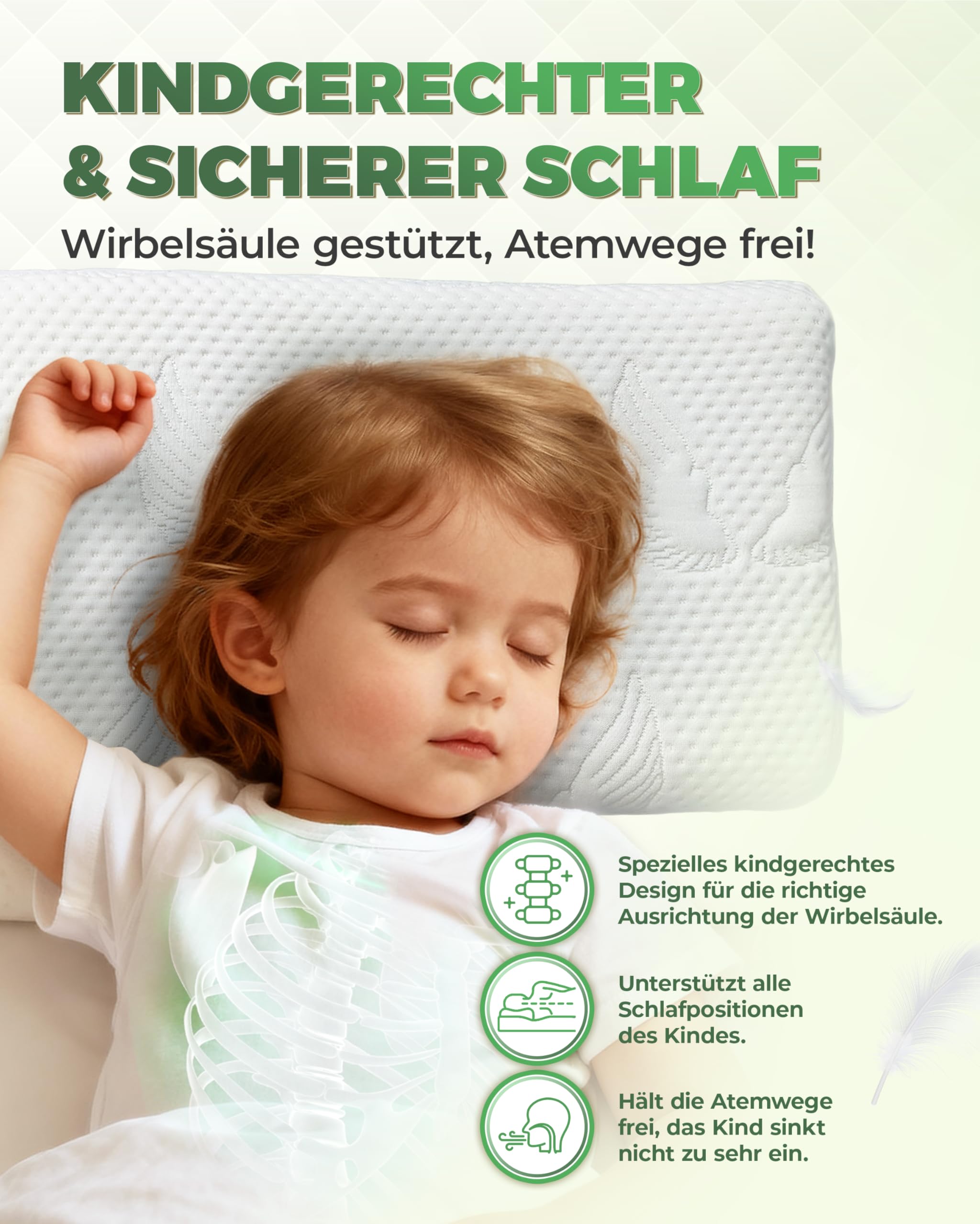 Welldora Kinderkissen Memory Foam 30x50 cm ergonomisches Kopfkissen für Kinder 2-8 Jahre mitwachsend atmungsaktiver 3D-Tencel-Bezug Oeko-TEX zertifiziert