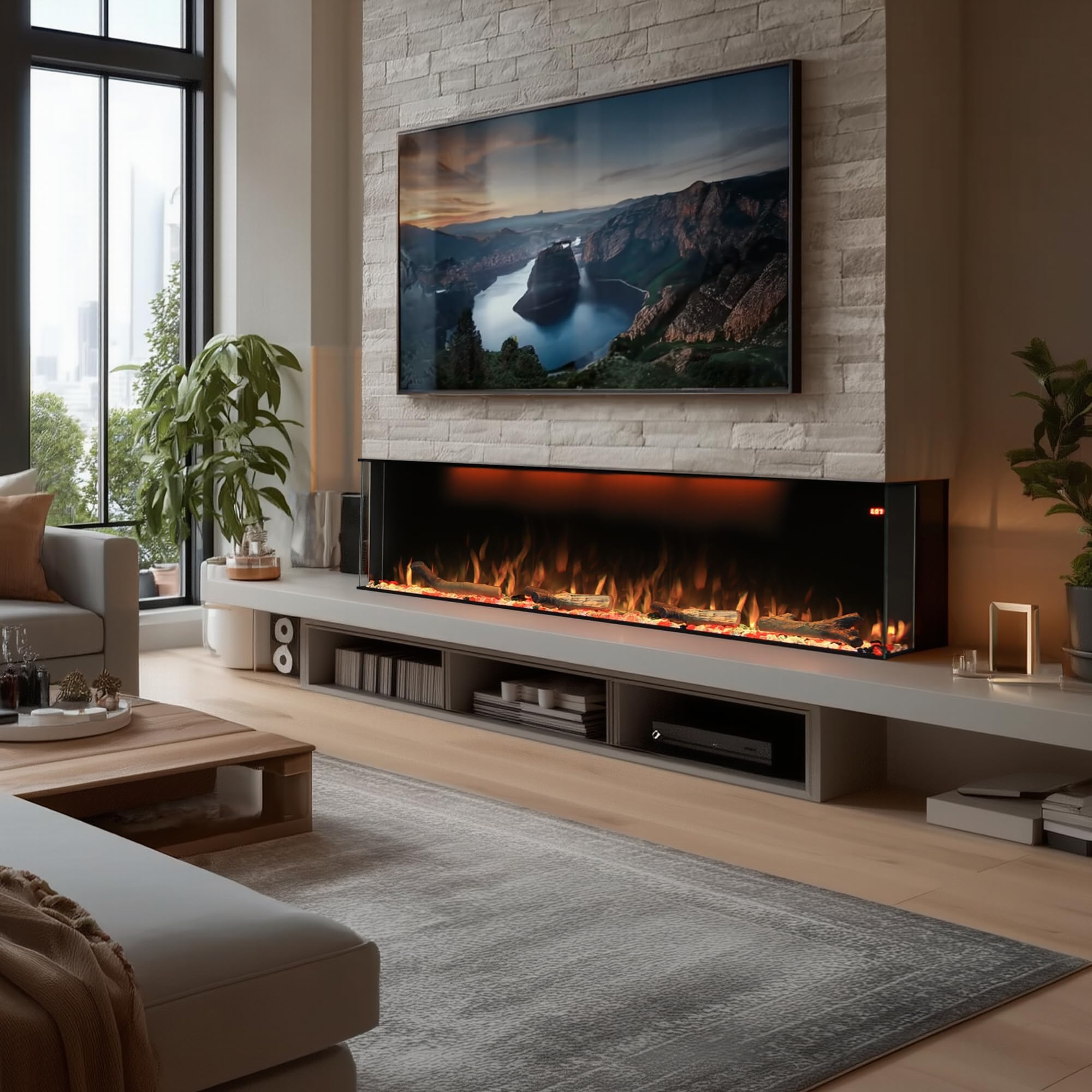 183cm 3-Side Recessed & Wall-Mounted Electric Fireplace Insert with Log Speaker, 13 Fuel Bed & Flame Colour Options, 3 Top Led Light Colours, 9H Timer