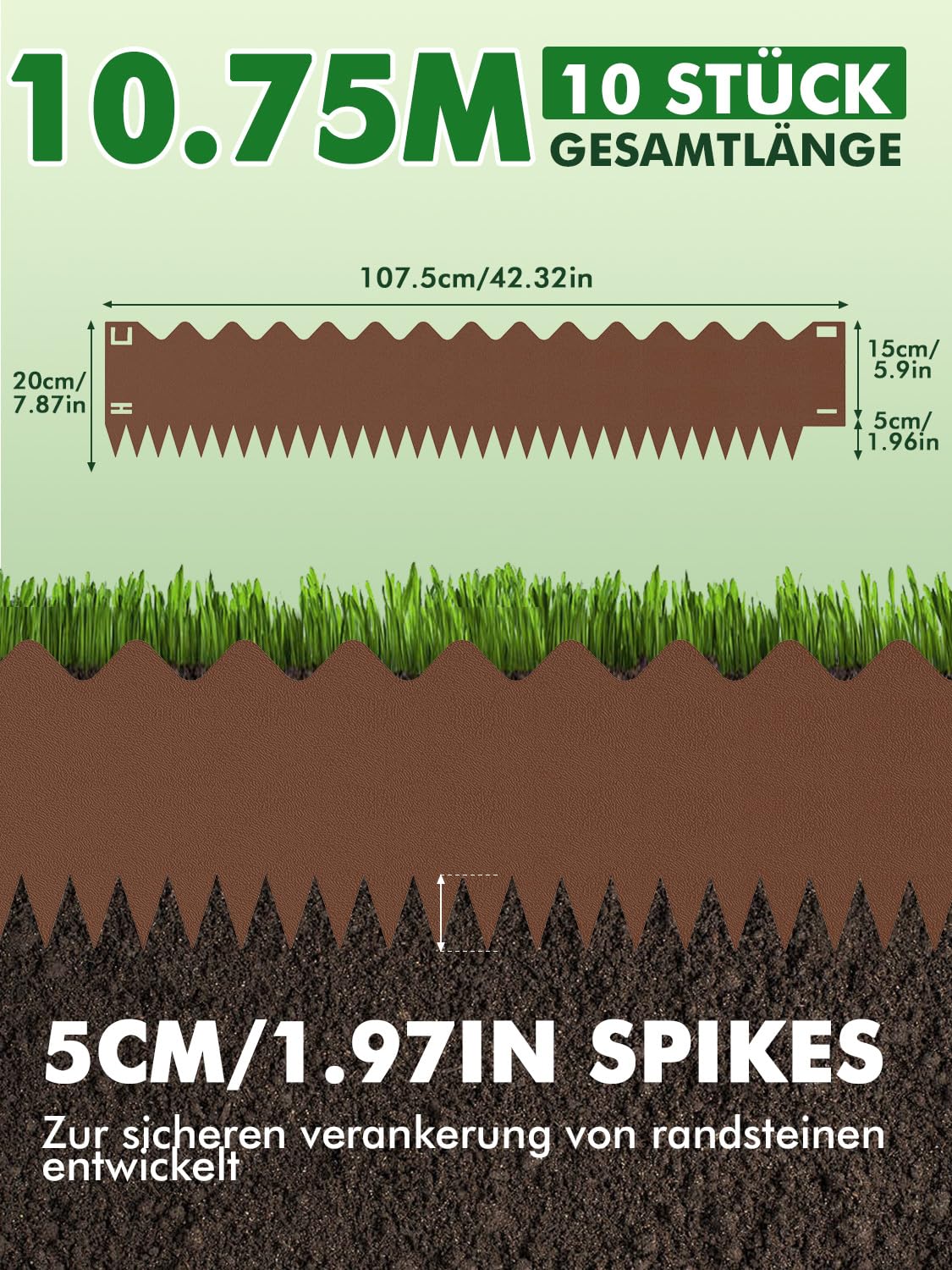 Rasenkante Cortenstahl,10 Stücke 10.75M Flexible Rasenkante,20cm Höhe Beetumrandung mit 5cm Spikes,Welliges Aussehen Beeteinfassung,Rasenkanten für Gärten Wege Rasenflächen