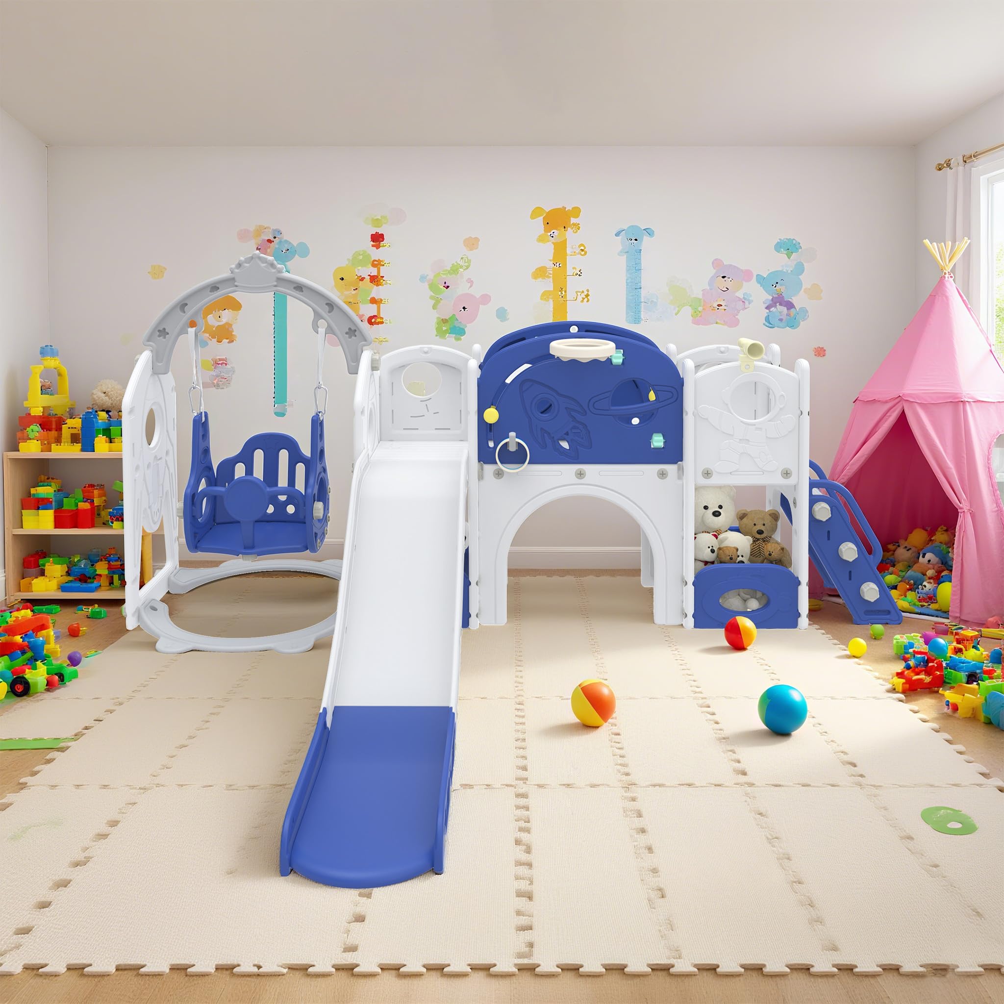 Froadp Scivolo 9 in 1 per bambini a partire da 1 anno, per interni ed esterni, in HDPE e PP, con altalena, scaletta da arrampicata, tunnel, spazio di archiviazione, cestino da basket e telescopio da