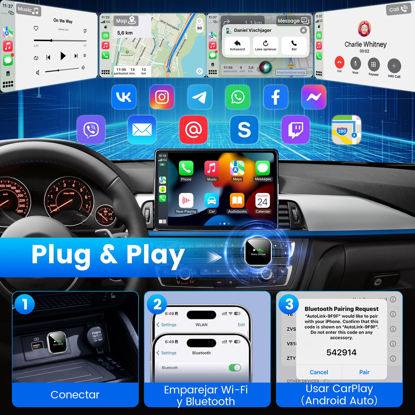 Dora Sicom Adaptador CarPlay Inalámbrico y Android Auto 2 en 1, USB Wireless para Apple Car Play en Coche, 5GHz WiFi Bluetooth 5.3, Conexión Automática y Estable para Vehículos de Fábrica