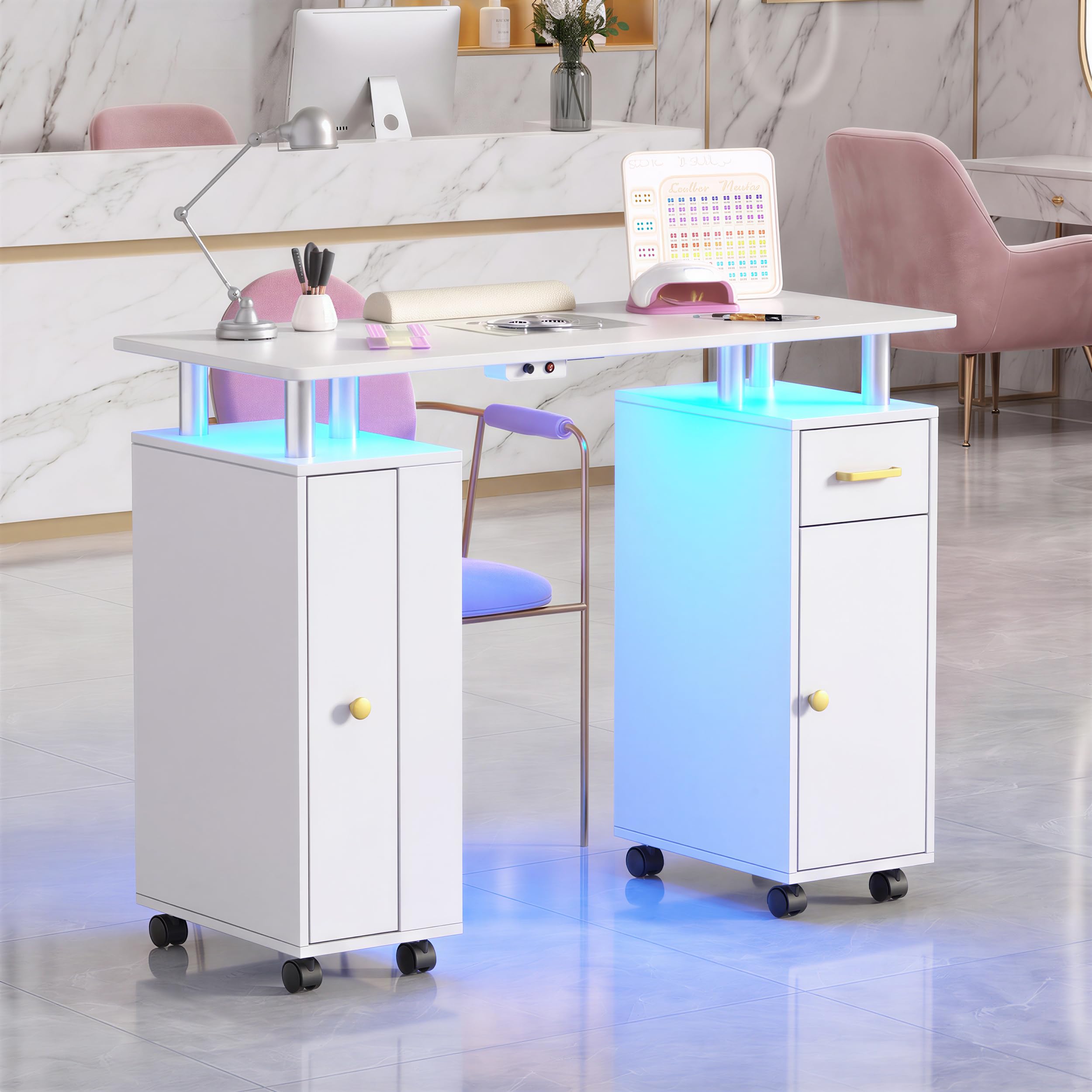 Mesa de uñas con extracción de polvo, mesa de manicura profesional para diseño de uñas, mesa estable con luces LED, 1 armario vertical y estante abierto, 2 bolsas de aspiradora