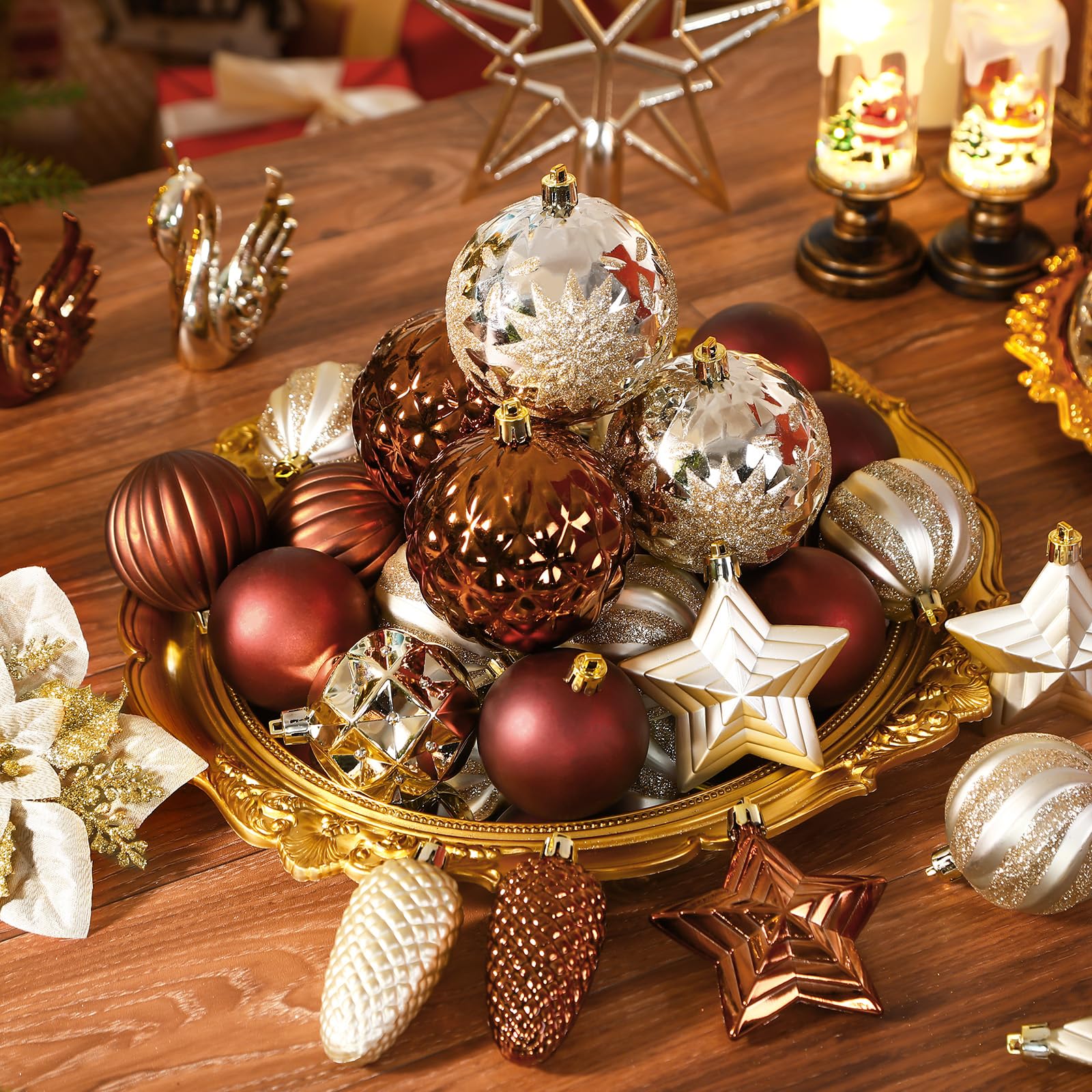 Alupssuc 128 Teiliges Weihnachtskugel-Ornament-Set, Bruchsichere Christbaumschmuckkugeln, Weihnachtsblumen, Bänder, Baumspitze für Weihnachtsbaum, Feiertage, Hochzeitsfeiern mit Haken, Braun & Gold