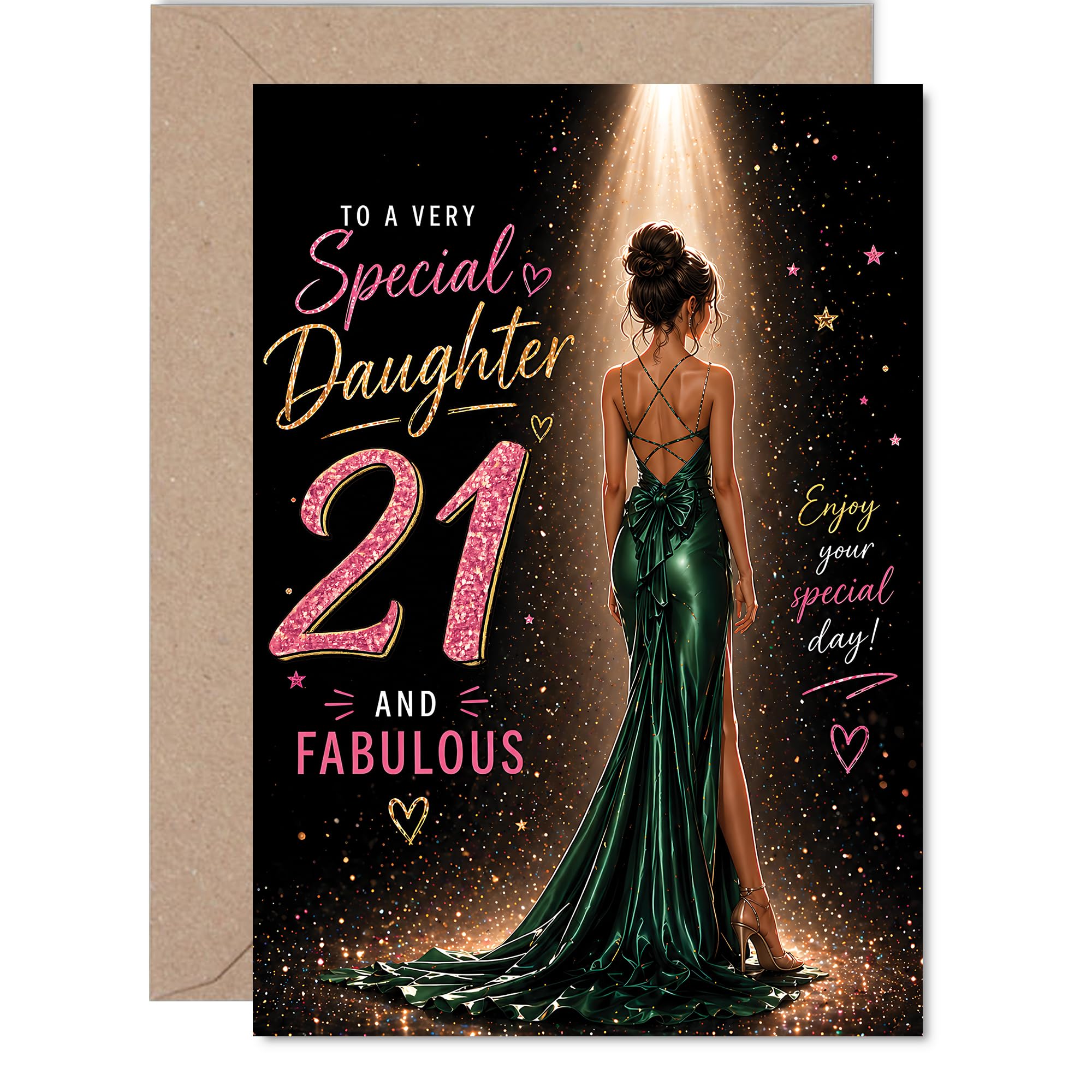 Milestone 21st Birthday Card - Absolutely Fabulous 21st - Glamorous Daughter Motif in Green with Gold Sparkle - Celebratory Design for Her Big Day - A5, Envelope Included