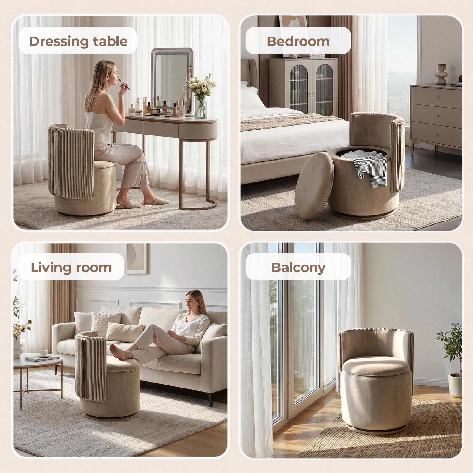 Clevich Velvet Vanity Chair with Storage, 360° Swivel Dressing Table Stool, Brown, 46 x 46 x 64 cm - Image 6