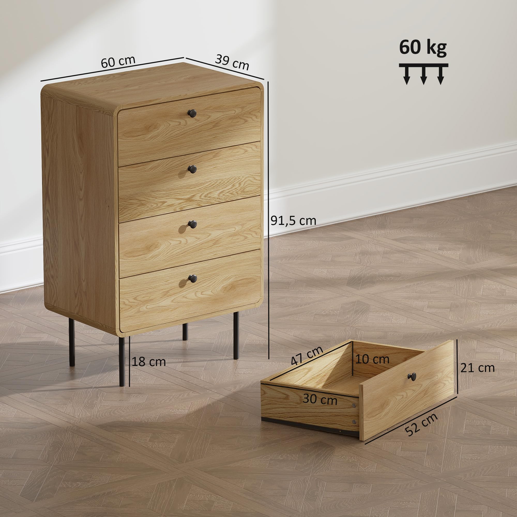 Commode étroite avec 4 tiroirs – Meuble de Rangement Moderne à l'Aspect Bois, Peu encombrant et