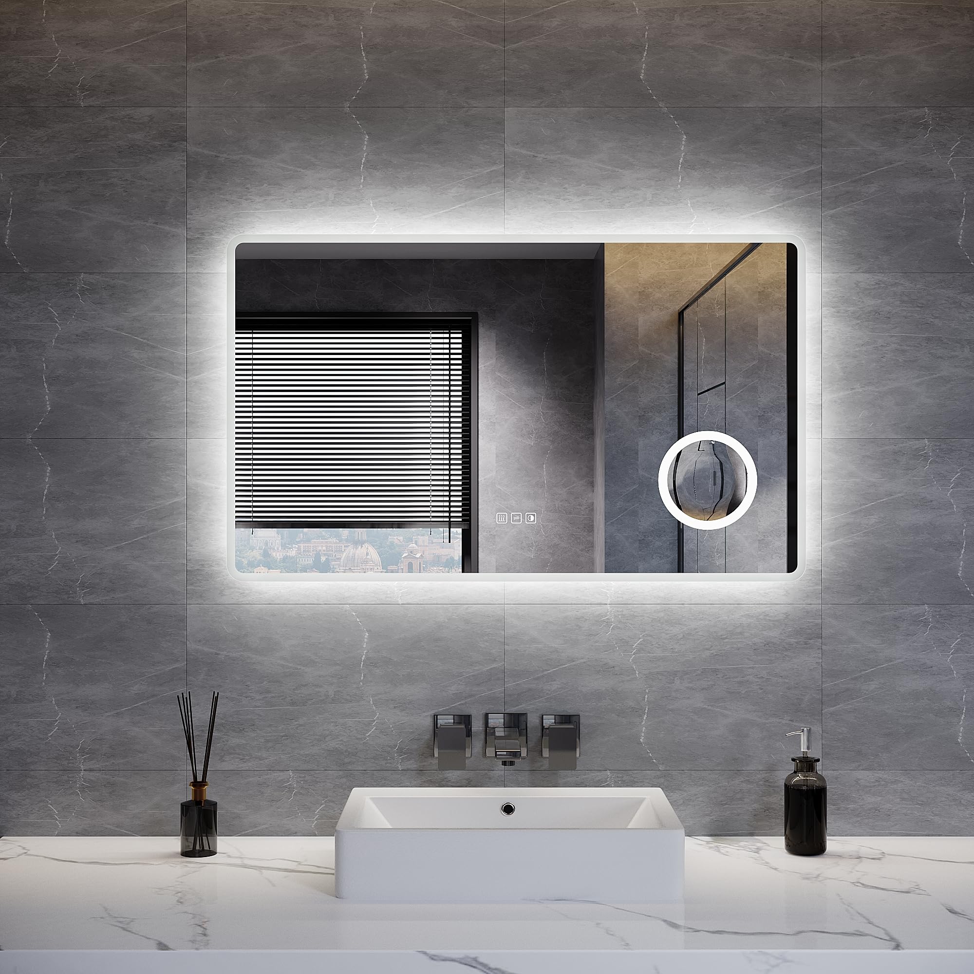ELEGANT 1000 x 600 mm Bathroom Mirror with LED Lights and 3x Magnifier, LED Bathroom Wall Mirror with Shaver Socket, Demister Pad, 3 Colors Dimmable, Touch Control & Memory Function, IP44