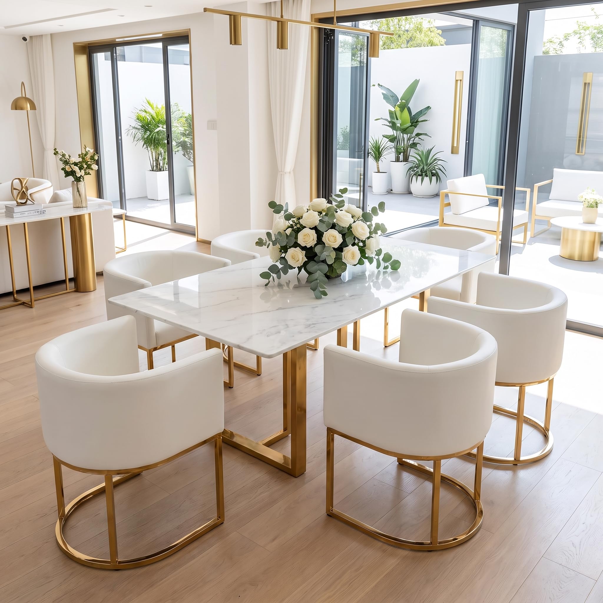 RIVOVA Upholstered Dining Chairs Set of 6, Modern Barrel Side Armchair Upholstered Dining Room Chairs Comfy Armchair Kitchen Side Chair for Living Room, White PU Leather
