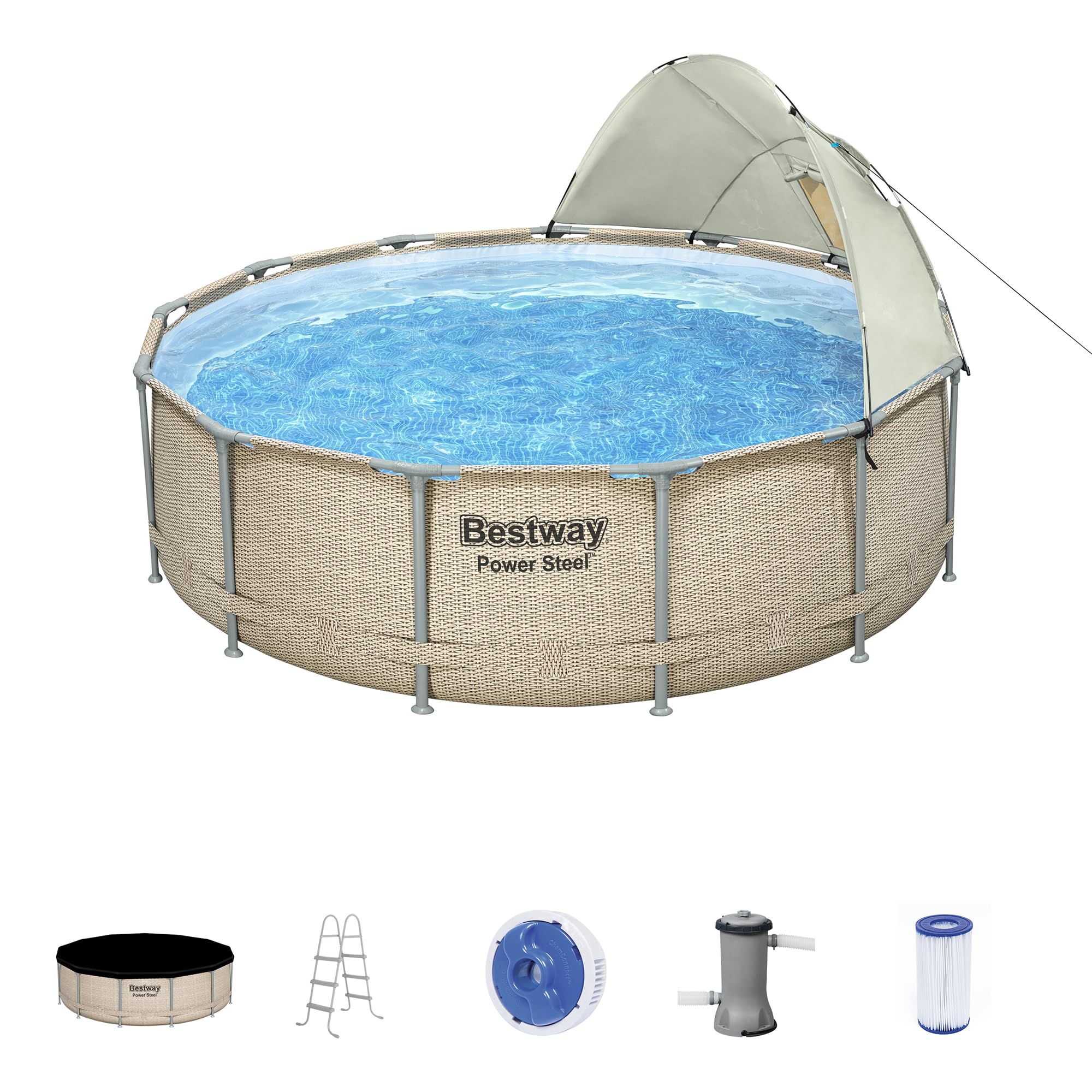 Bestway Power Steel 13' x 42" Round Above Ground Outdoor Swimming Pool Set with Shaded Canopy, 530 Gallon Filter Pump, Ladder, and Pool Cover