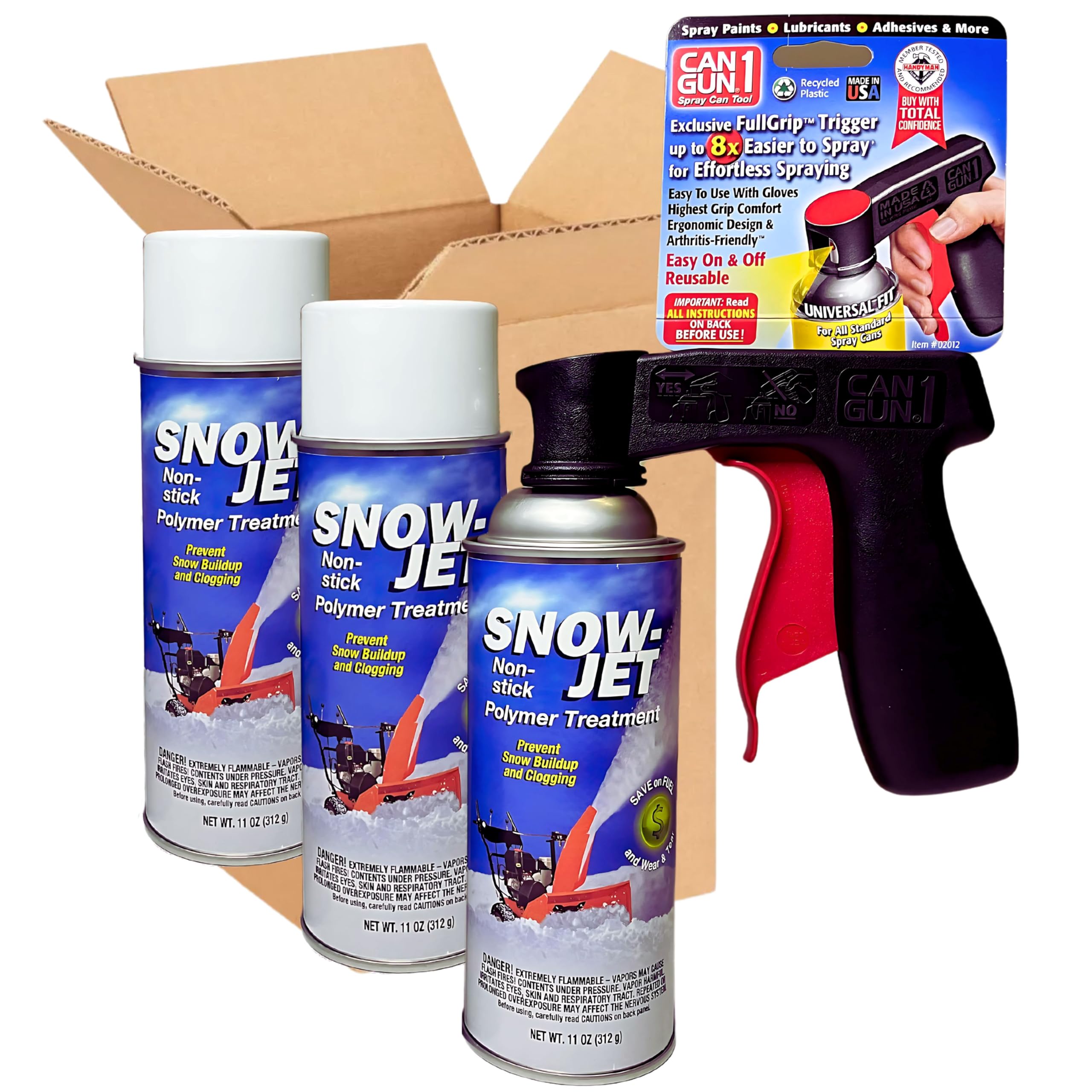Global Climate Alliance Snow Jet Spray with Can Gun (Pack of 3) 11 oz Aerosol Cans - Non Stick Snow Spray for Shovels, Plows, Snowblowers - Universal Fit - Red Plastic Gun