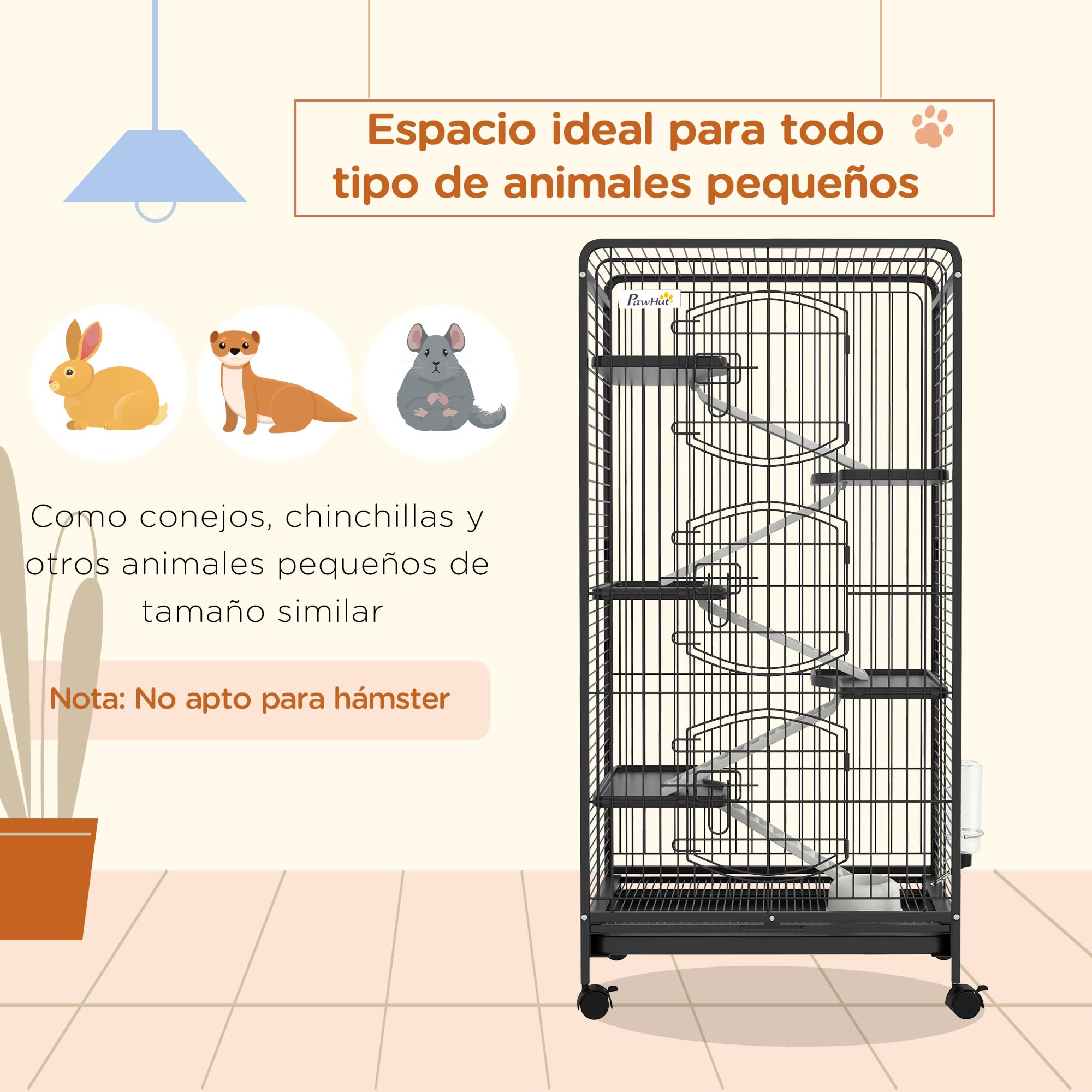 PawHut Jaula para Hurones con Ruedas Rampa Cuenco 61,5x44x131cm Negro | Jaula para Animales Pequeños, Botella de Agua, Bandeja Extraíble, Recinto para Conejos Chinchillas