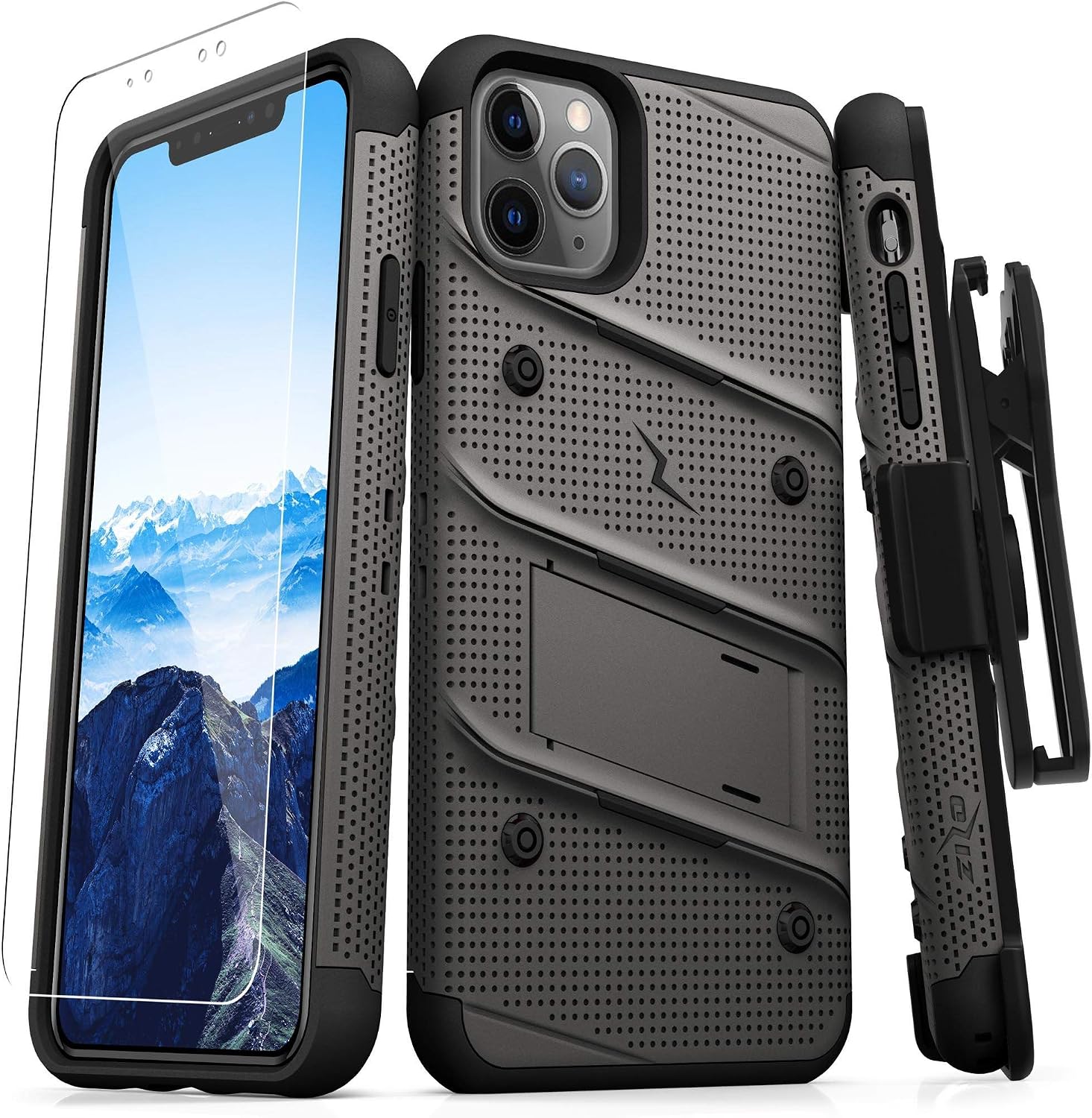 ZIZO Bolt Series iPhone 11 Pro Case - Heavy-Duty Military-Grade Drop Protection w/Kickstand Included Belt Clip Holster Tempered Glass Lanyard - Gun Metal Gray