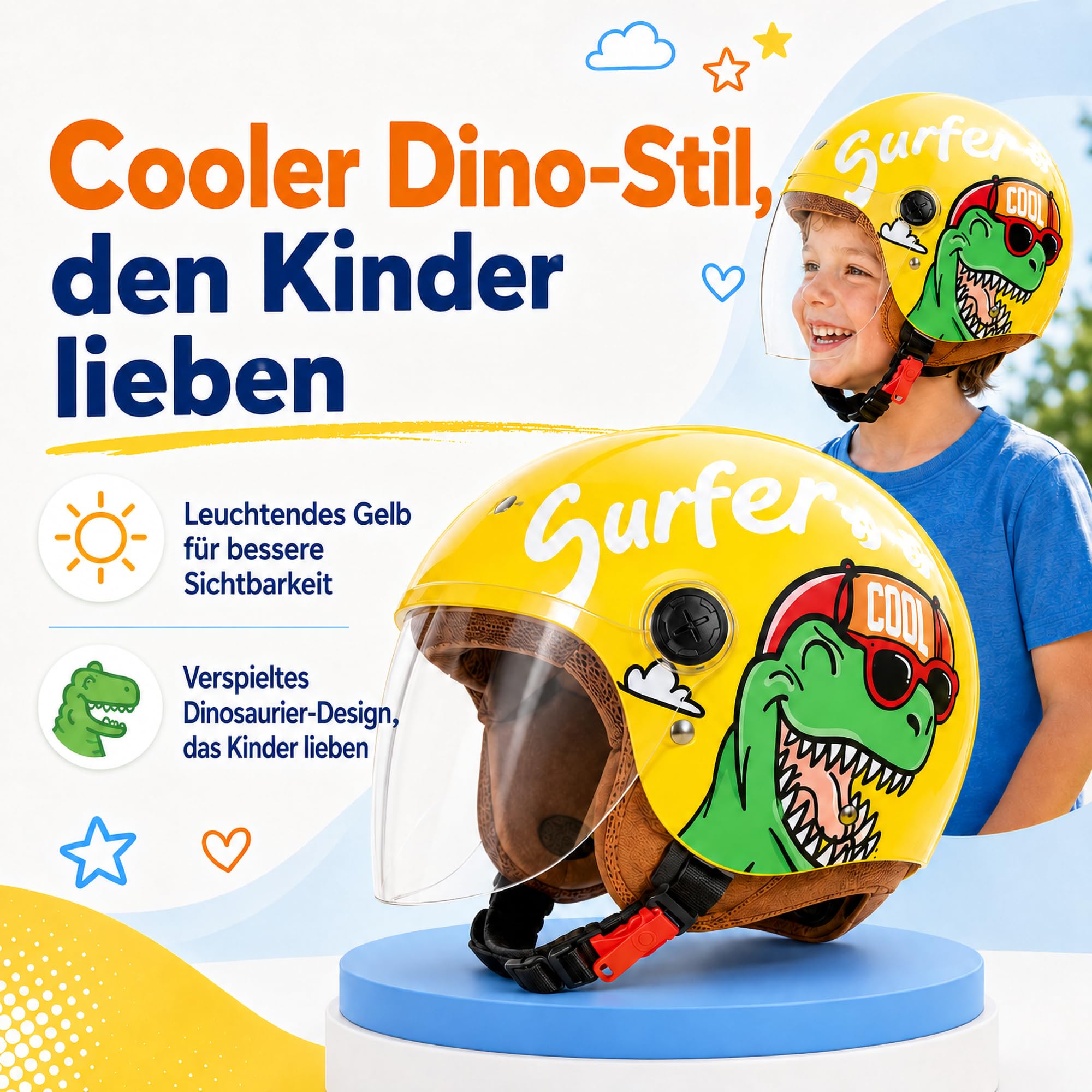 FREEUP Motorradhelm Kinder Mädchen Junge, Kid Jet Helm mit Visier, Dinosaurier Mofa Helm Kids Scooter Fahrradhelm, Schnellverschluss, Herausnehmbar, Waschbar, 48-55cm, Gelb