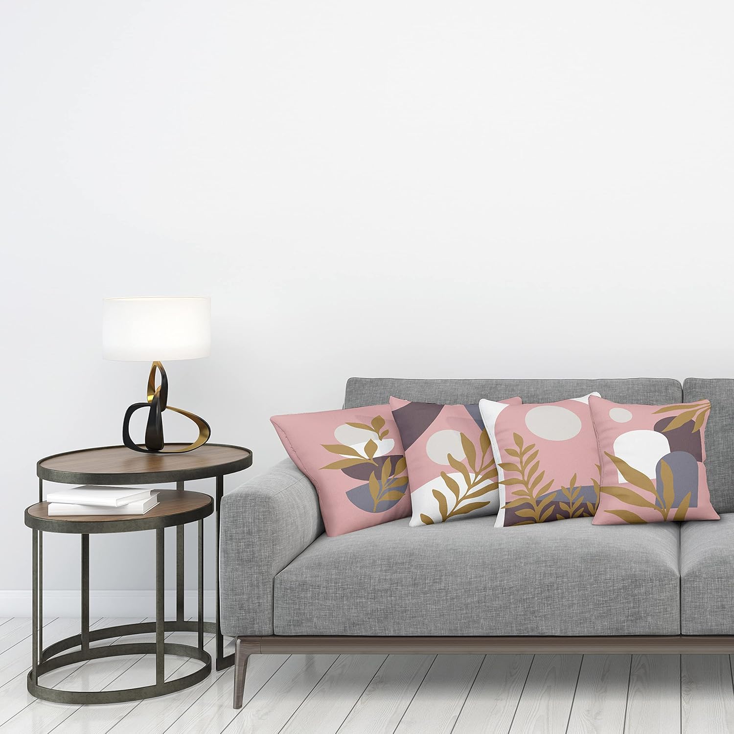 Ambesonne Minimal Throw Pillow Cushion Case Pack of 4, Modern Style Leaf Branch and Geometric Abstract Details Contemporary, Modern Accent Double-Sided Digital Printing, 18", Rose Fawn and Eggplant