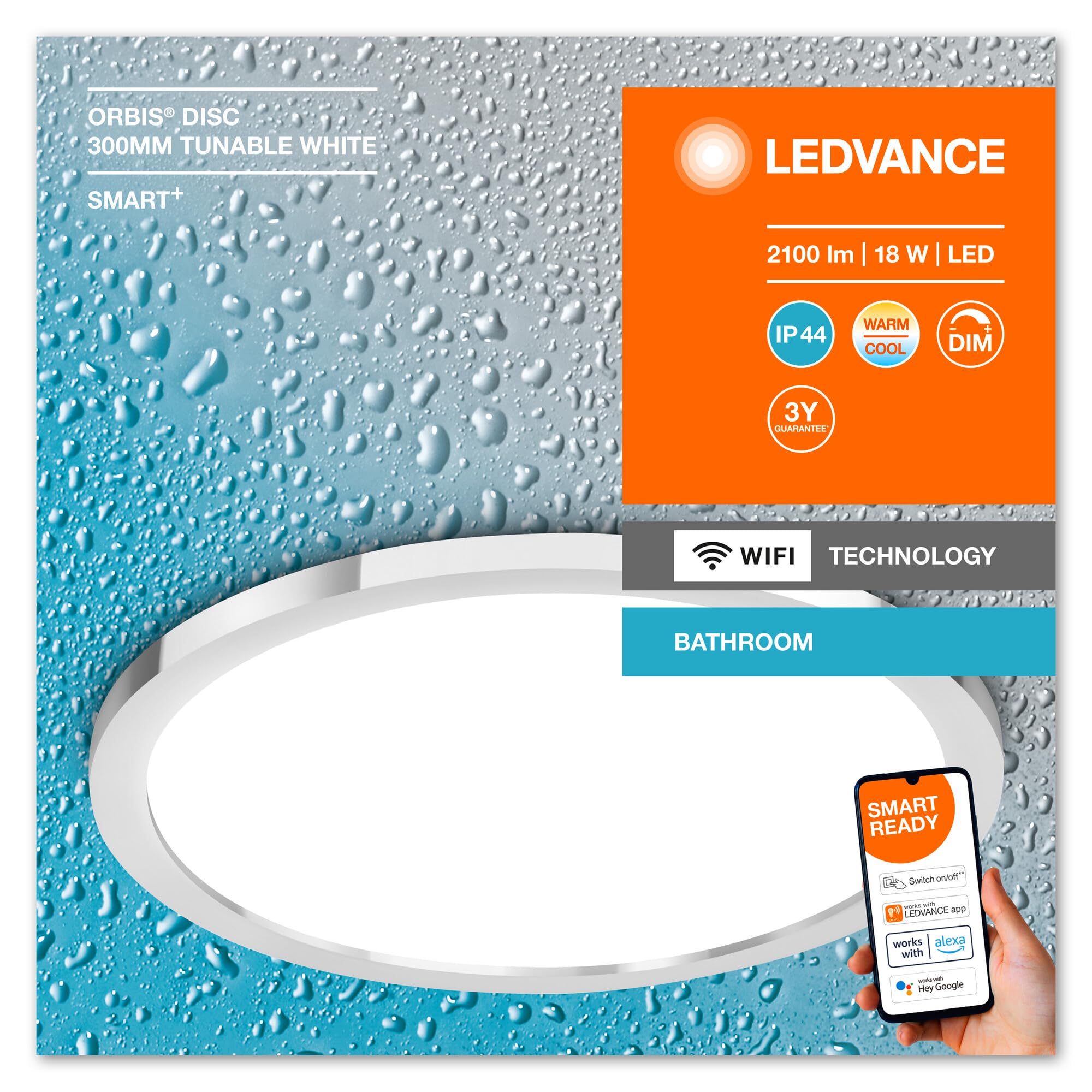 LEDVANCE Oprawa oświetleniowa: BATHROOM DECORATIVE CEILING AND WALL WITH WIFI TECHNOLOGY / 18 W, 220…240 V, kąt rozsyłu światła: 110°, Program Tunable White, 3000…6500 K, materiał: aluminum, IP44
