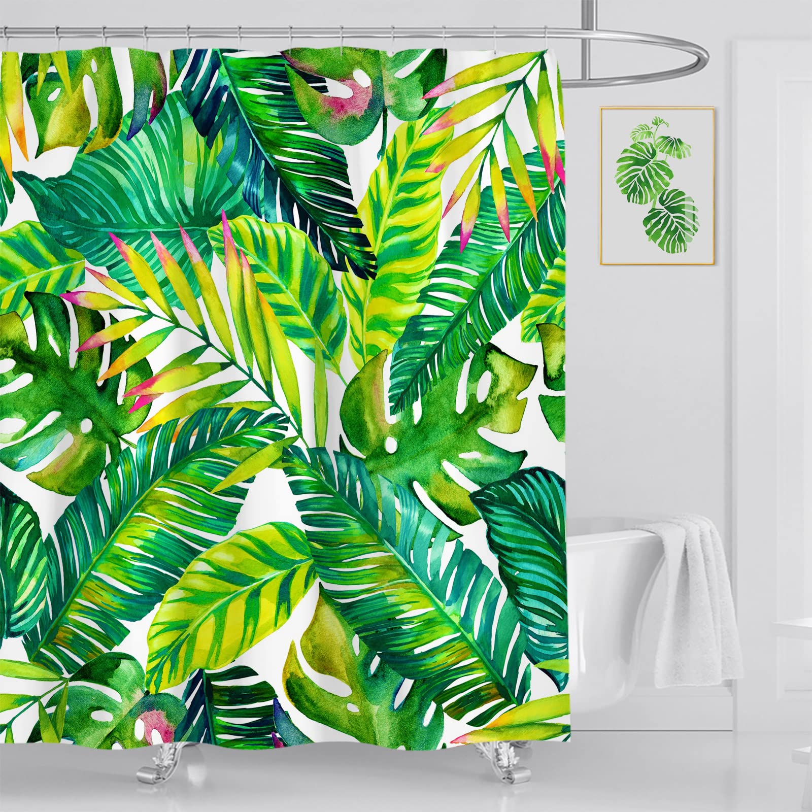 OCEUMACO Cortina de Ducha Antimoho Hojas Verdes Original Cortinas de Baño Larga Lavable a Máquina 180x200 Estampada Plantas Verde Jungla Naturaleza Tela Poliester Impermeable Opaca con Anillas