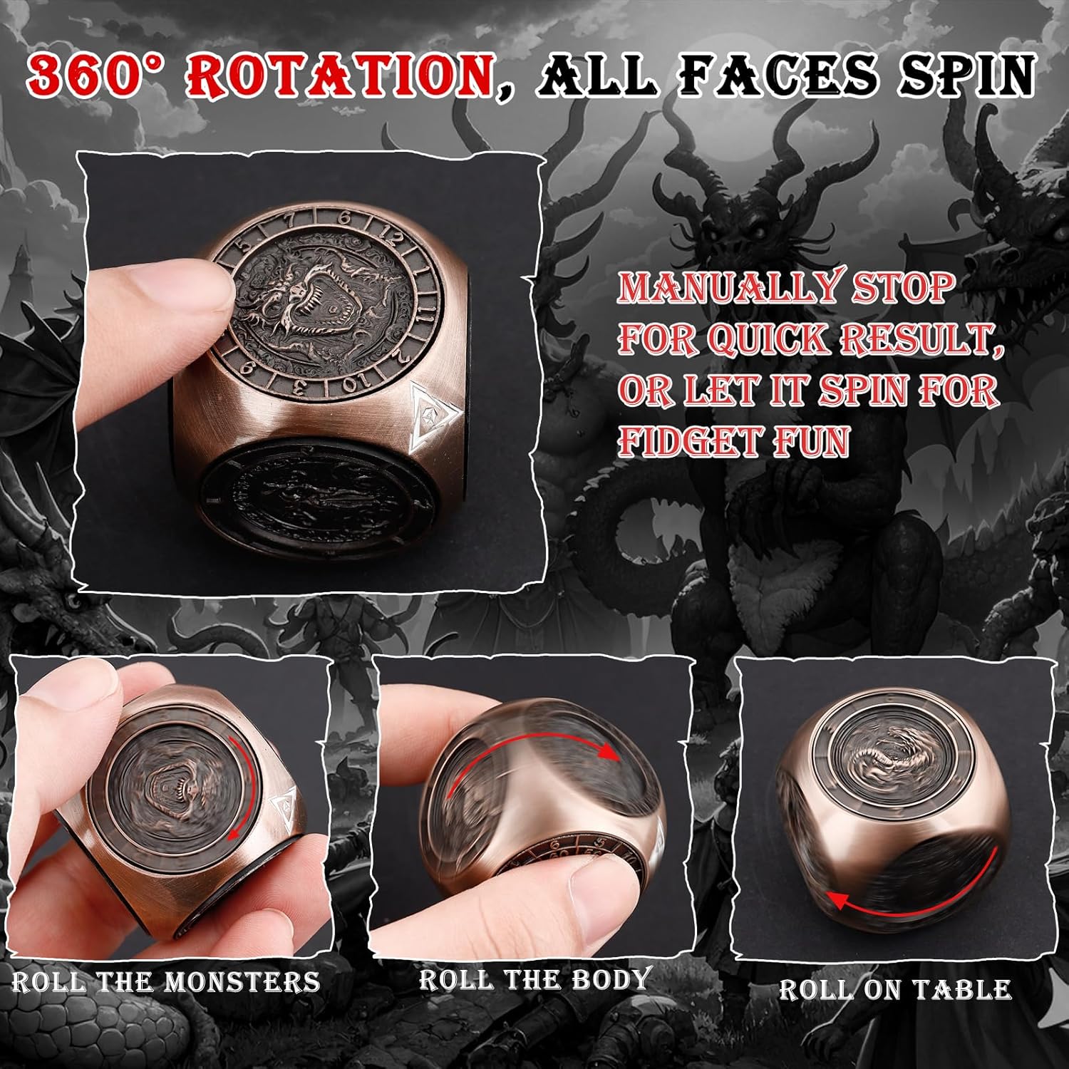 DND 7-in-1 Metal Spinner Dice, Haxtec Premium D&D Fidget Cube Dice Set for Dungeons and Dragons Tabletop Games, Unique Gamer & Collector Gift for TTRPG Players & Dungeon Masters (Antique Copper)