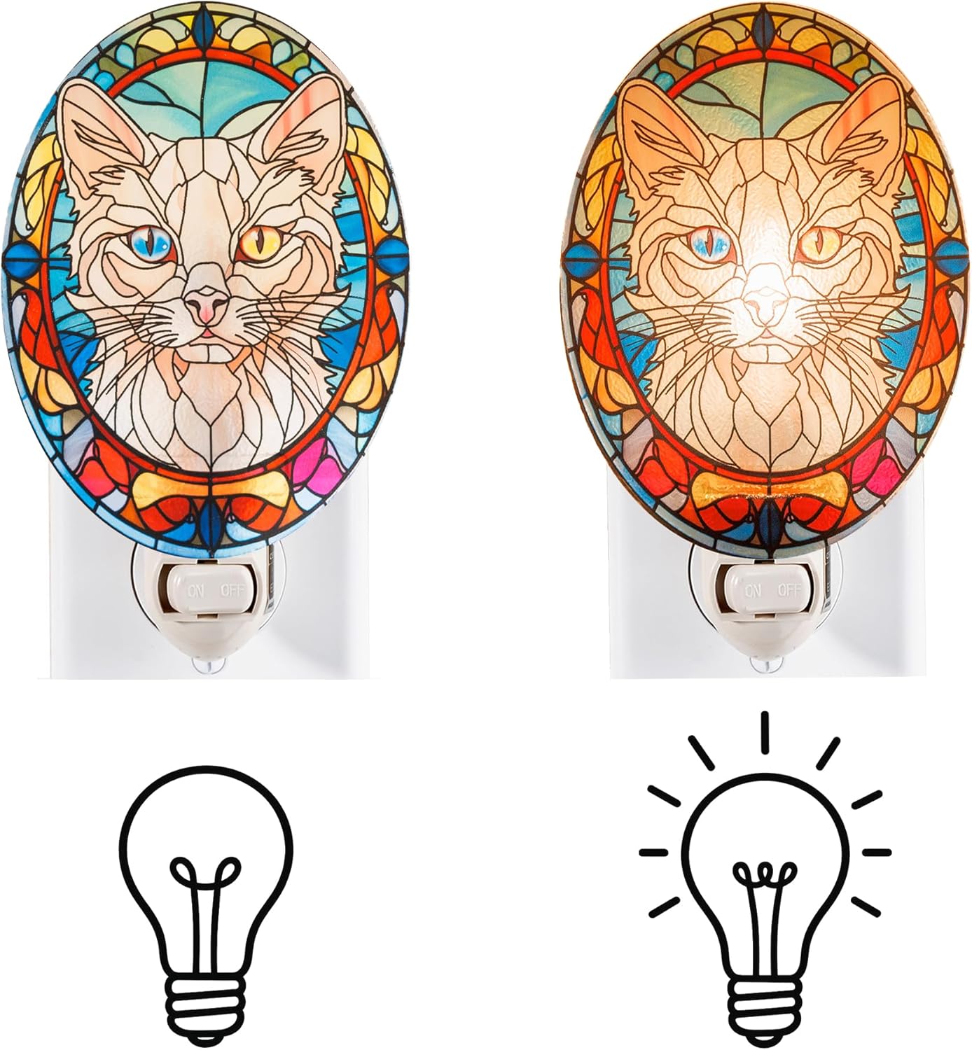 White Cat Stained Glass Styled Cat Night Light, Real Glass Plug-in Night Light with Vertical Outlet and On/Off Switch for Bedroom, Bathroom, Hallway, Home Decor